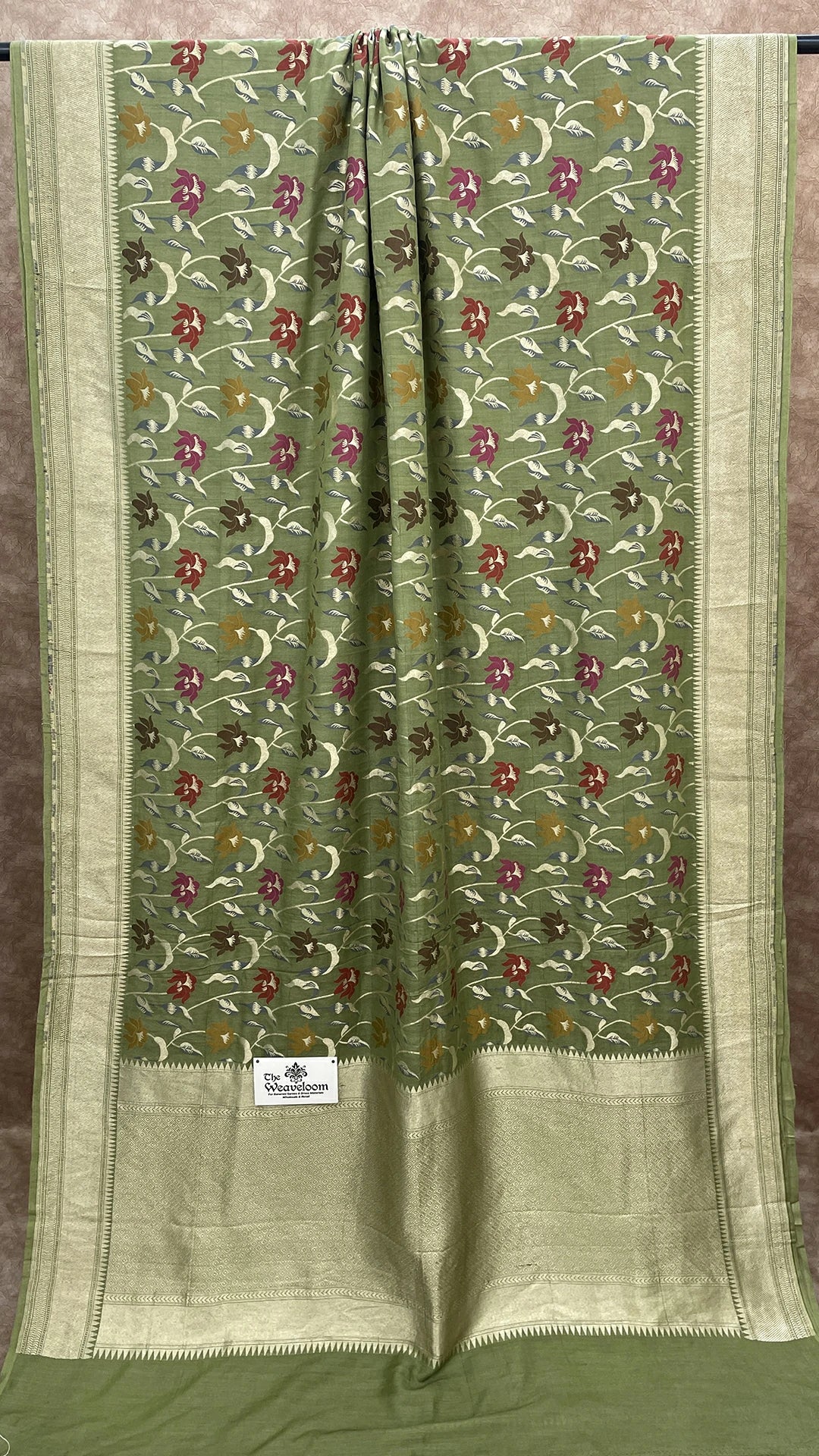 Pista Green Pure Munga Silk Banarasi Saree with Floral Meenakari Jaal Work by The Weaveloom
