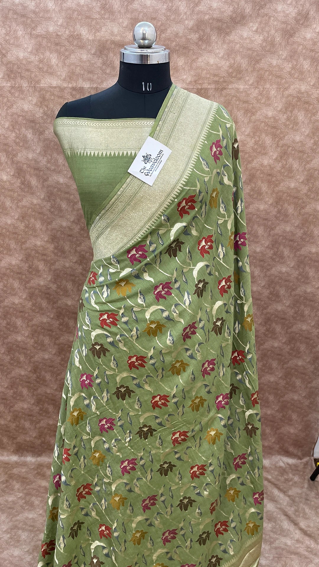 Pista Green Pure Munga Silk Banarasi Saree with Floral Meenakari Jaal Work by The Weaveloom