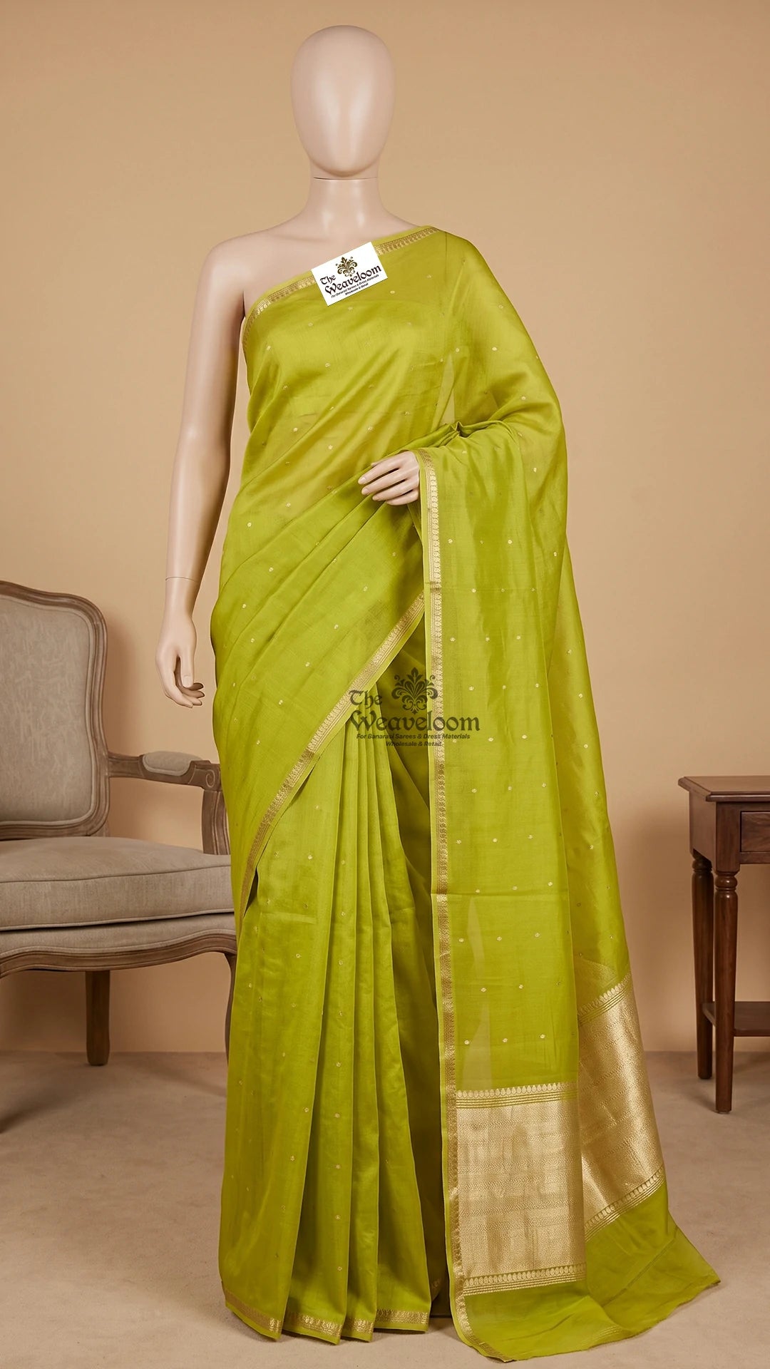 Pista green zari buti handloom Banarasi saree in pure Kora silk by The Weaveloom