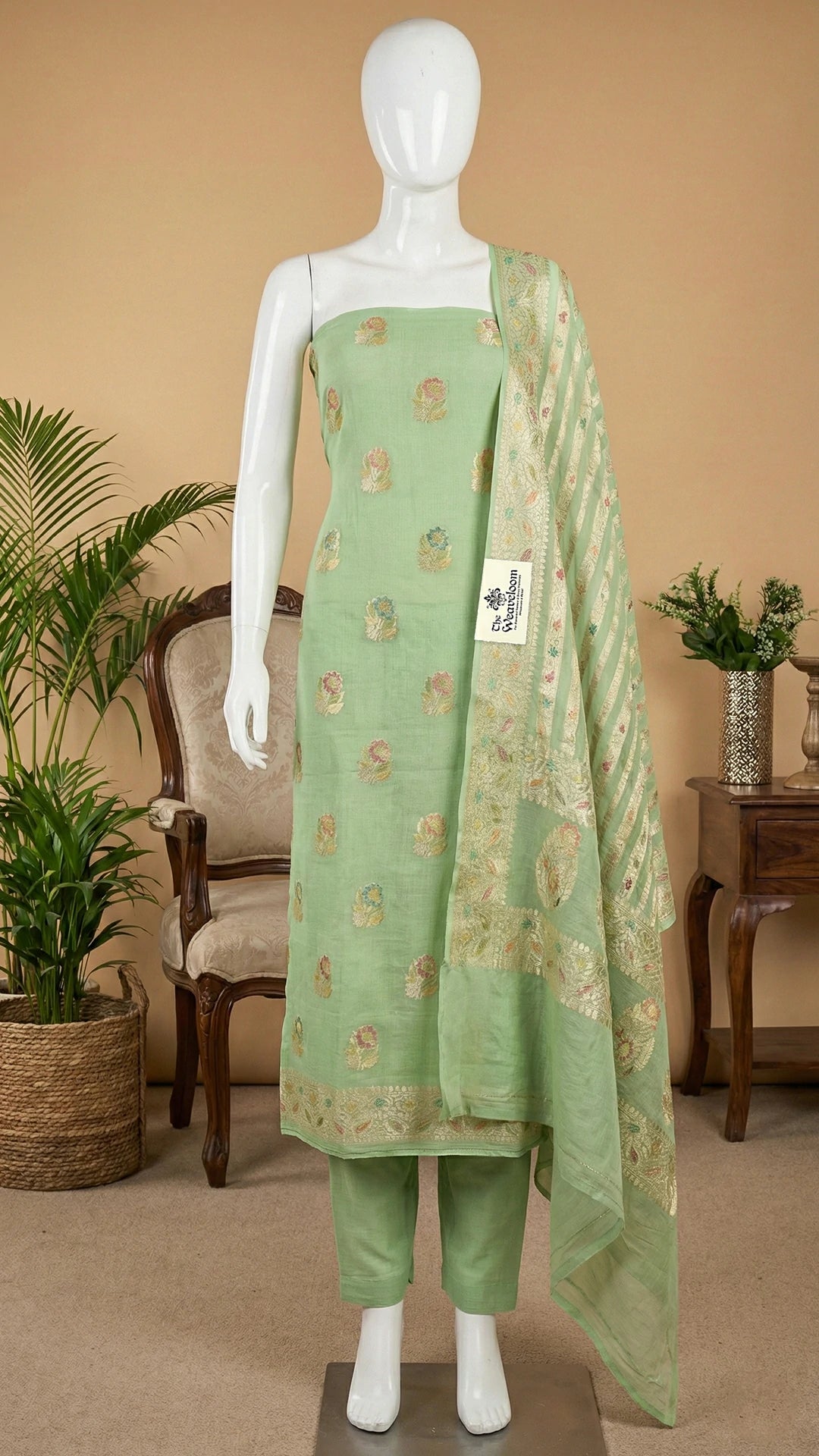 Pista Pure Khaddi Georgette Banarasi Dress Material With Handbrush Water Zari Work by The Weaveloom