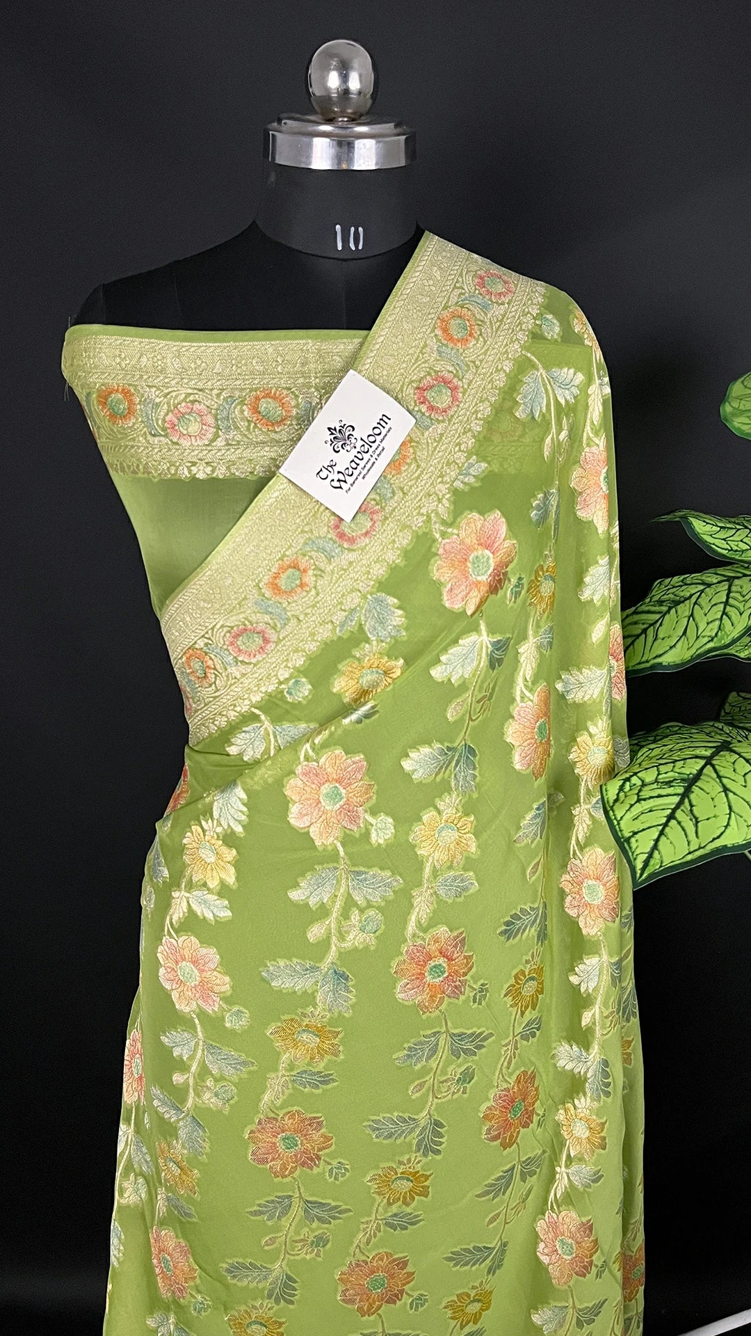 Pista Pure Viscose Georgette Saree with Floral Handbrush Work by The Weaveloom