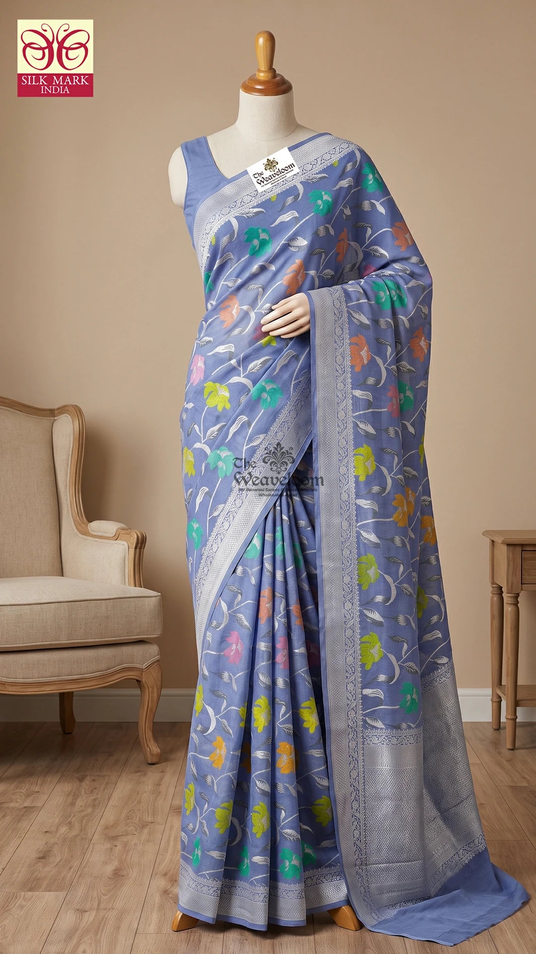 Powder Blue Meenakari Floral Pure Banarasi Saree by The Weaveloom, draped in elegant traditional style