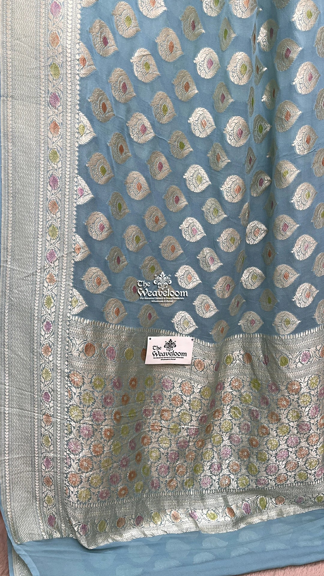 Powder Blue Silver Zari Paisley Khaddi Georgette Pure Banarasi Saree by The Weaveloom