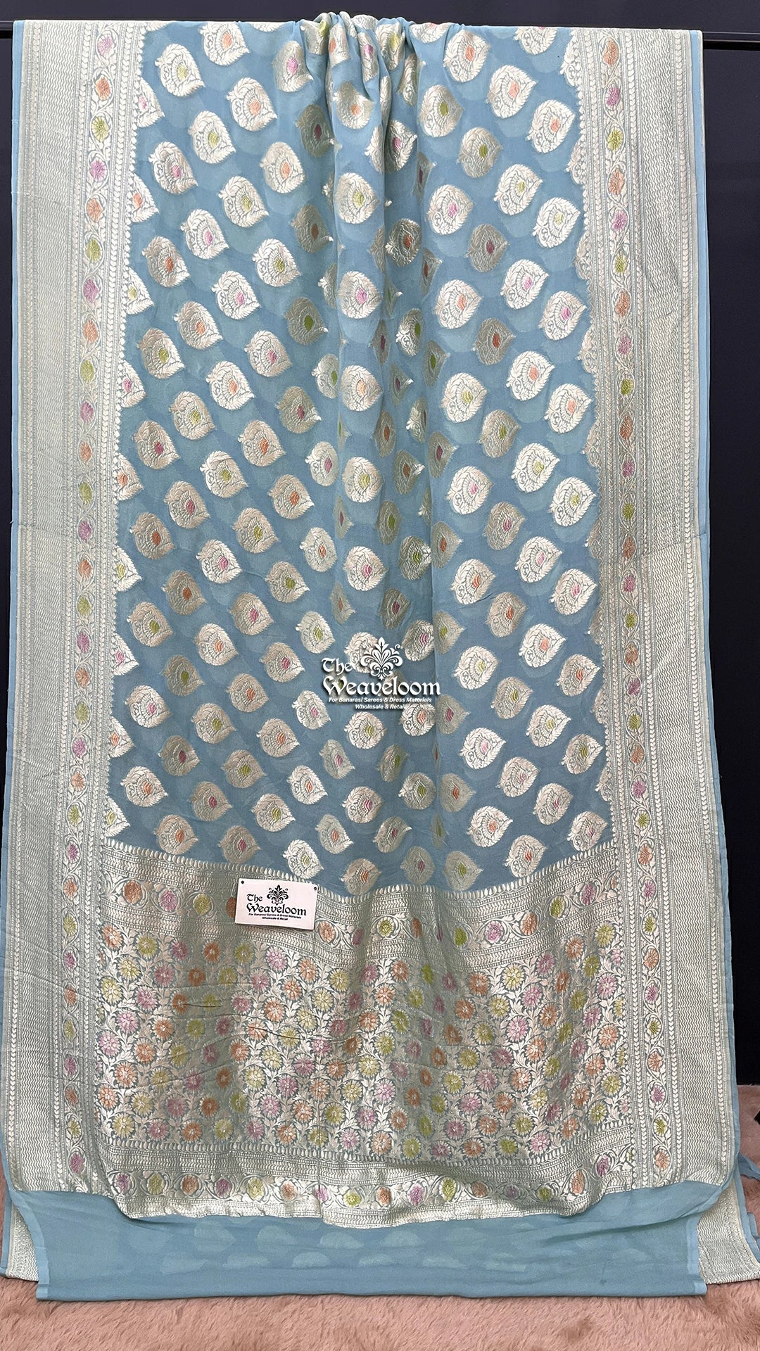 Powder Blue Silver Zari Paisley Khaddi Georgette Pure Banarasi Saree by The Weaveloom