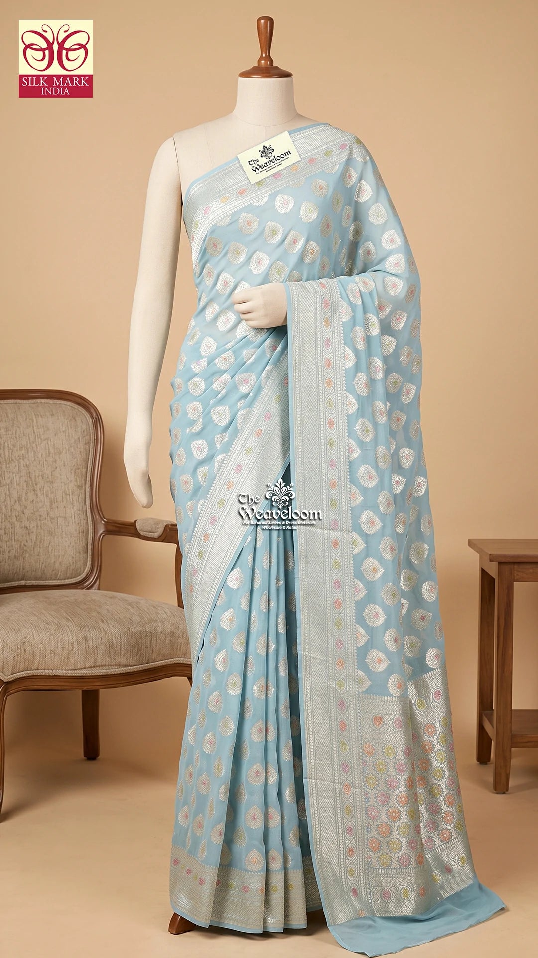 Powder Blue Silver Zari Paisley Khaddi Georgette Pure Banarasi Saree by The Weaveloom