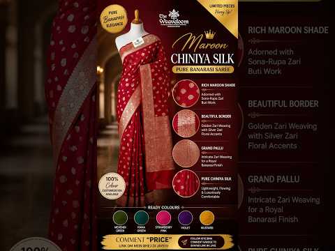 Maroon Chiniya Silk Pure Banarasi Saree with Sona Rupa Zari Buti & Rich Border