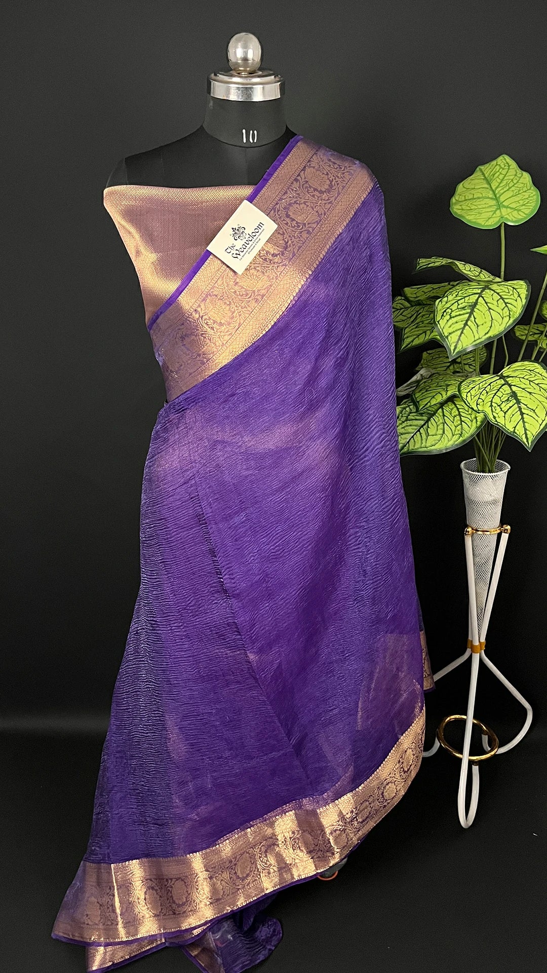 Purple Crush Tissue Silk Pure Banarasi Saree Gold Zari Border Pallu - The Weaveloom