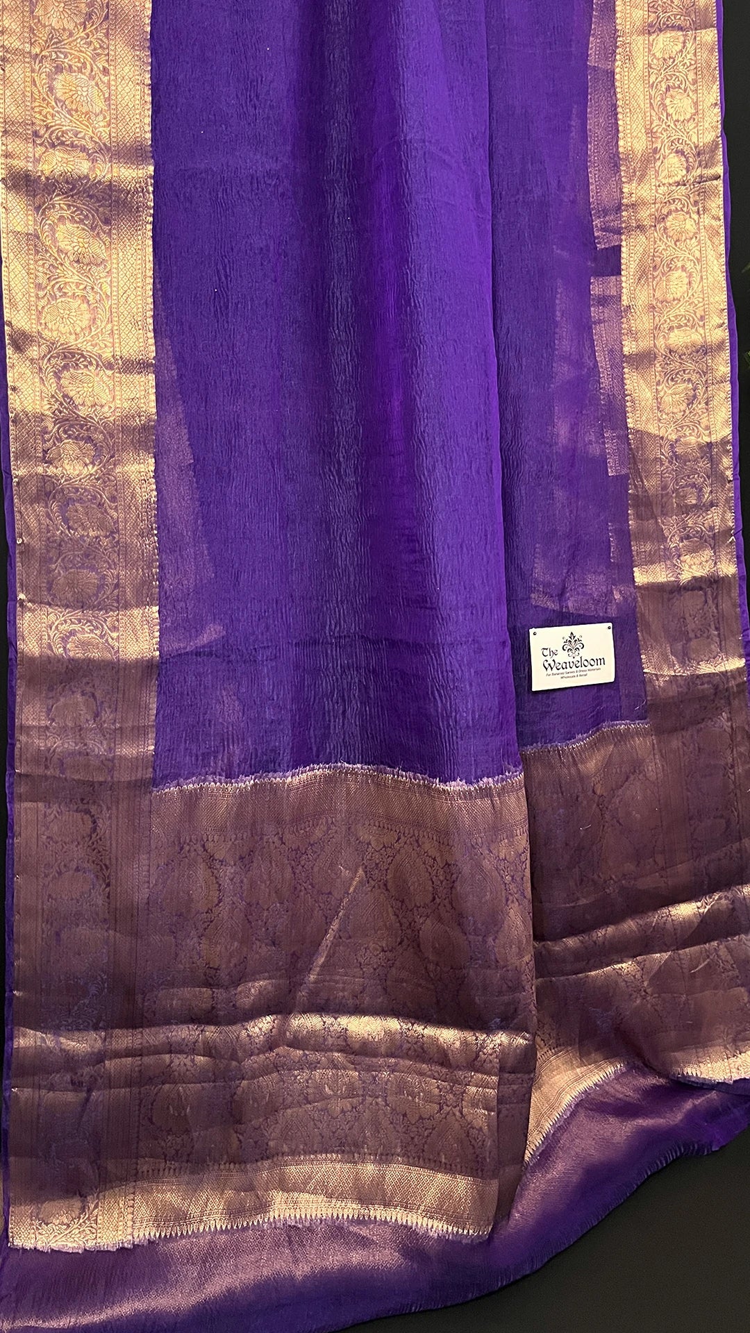Purple Crush Tissue Silk Pure Banarasi Saree Gold Zari Border Pallu - The Weaveloom