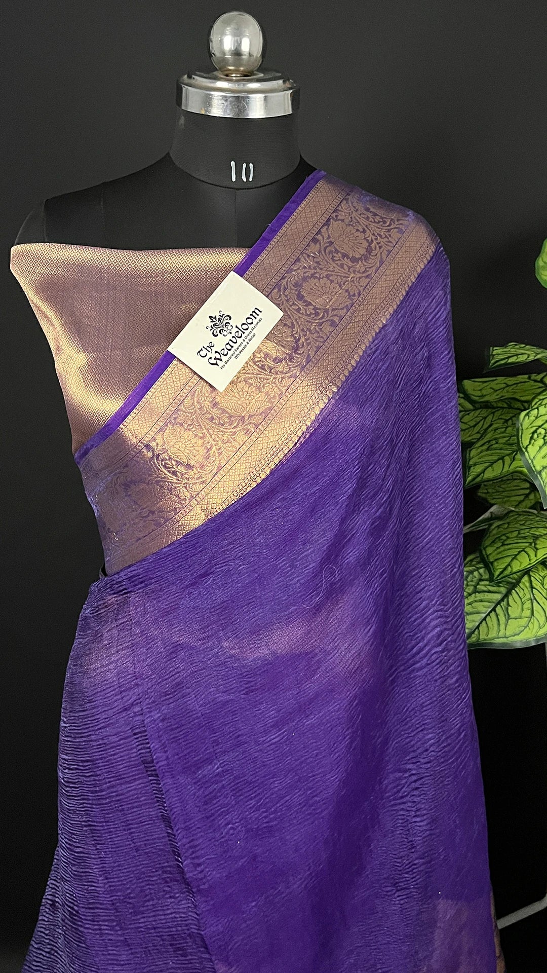 Purple Crush Tissue Silk Pure Banarasi Saree Gold Zari Border Pallu - The Weaveloom