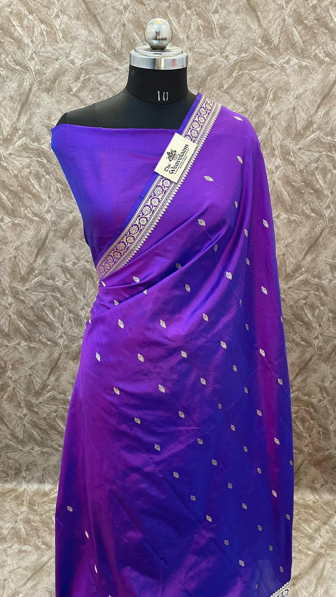 Purple Dual Tone Pure Katan Silk Handloom Banarasi Saree with Silver Zari Border by The Weaveloom
