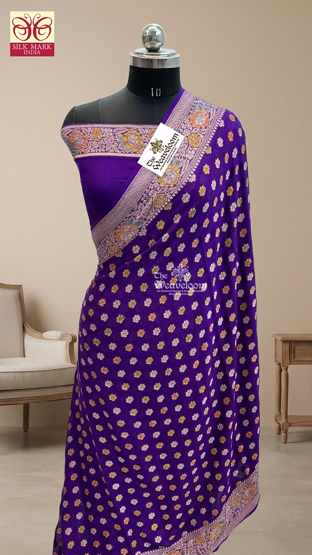Purple Floral Booti Pure Crepe Georgette Banarasi Saree by The Weaveloom