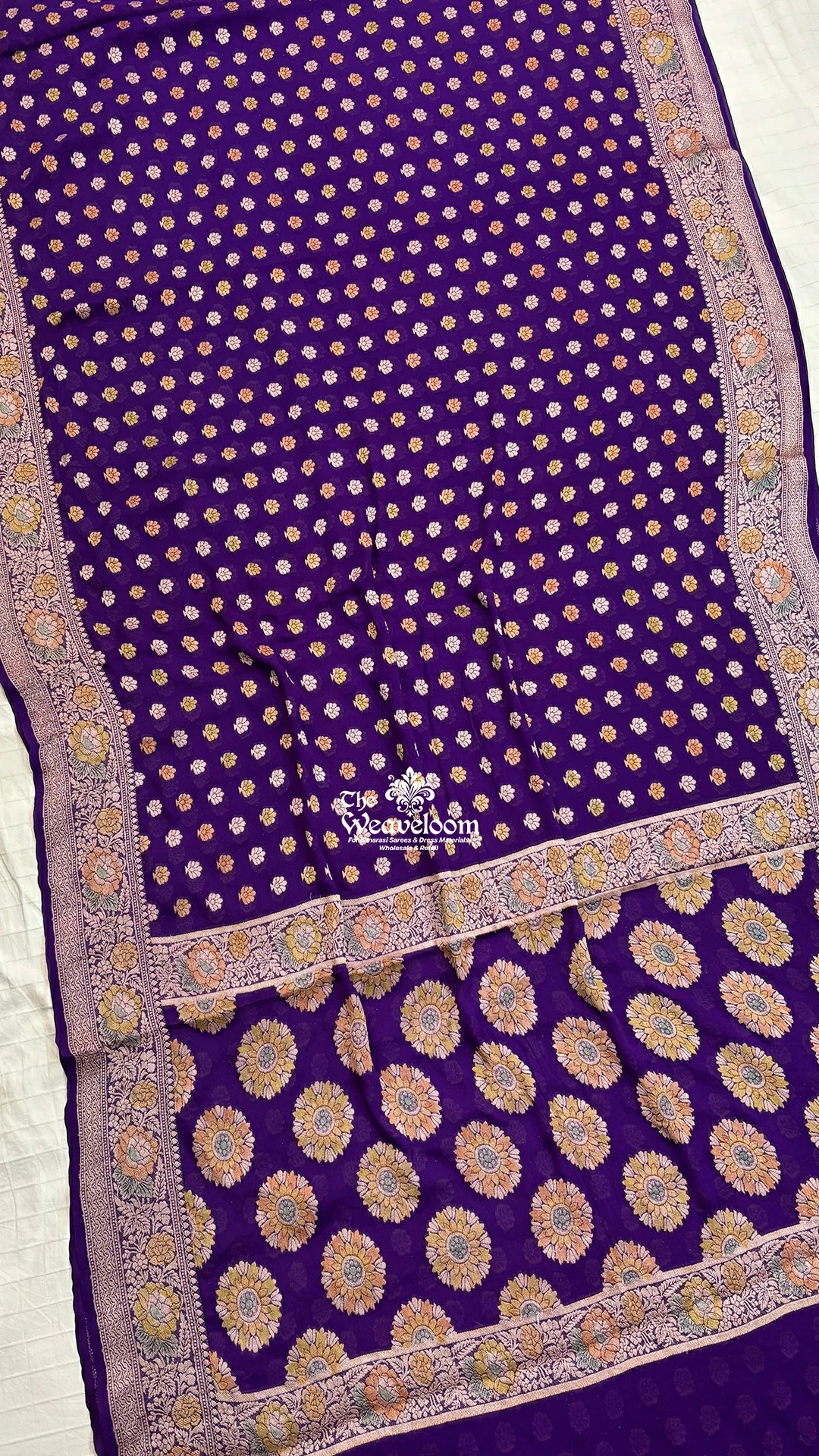 Purple Floral Booti Pure Crepe Georgette Banarasi Saree by The Weaveloom