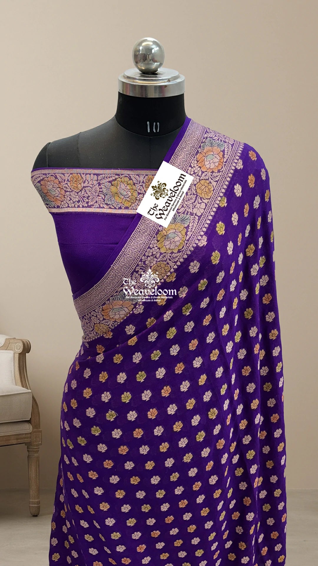 Purple Floral Booti Pure Crepe Georgette Banarasi Saree by The Weaveloom