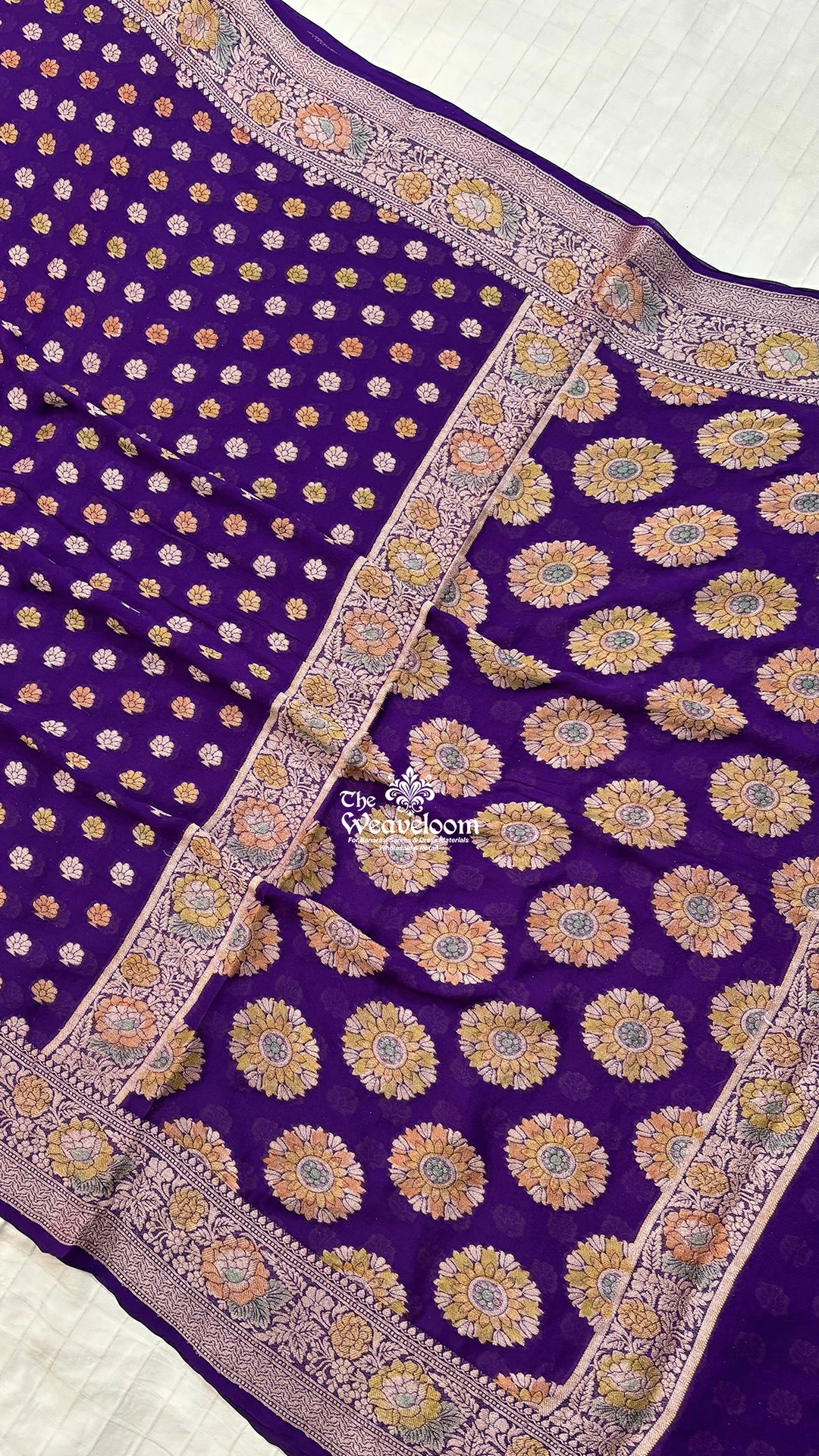 Purple Floral Booti Pure Crepe Georgette Banarasi Saree by The Weaveloom