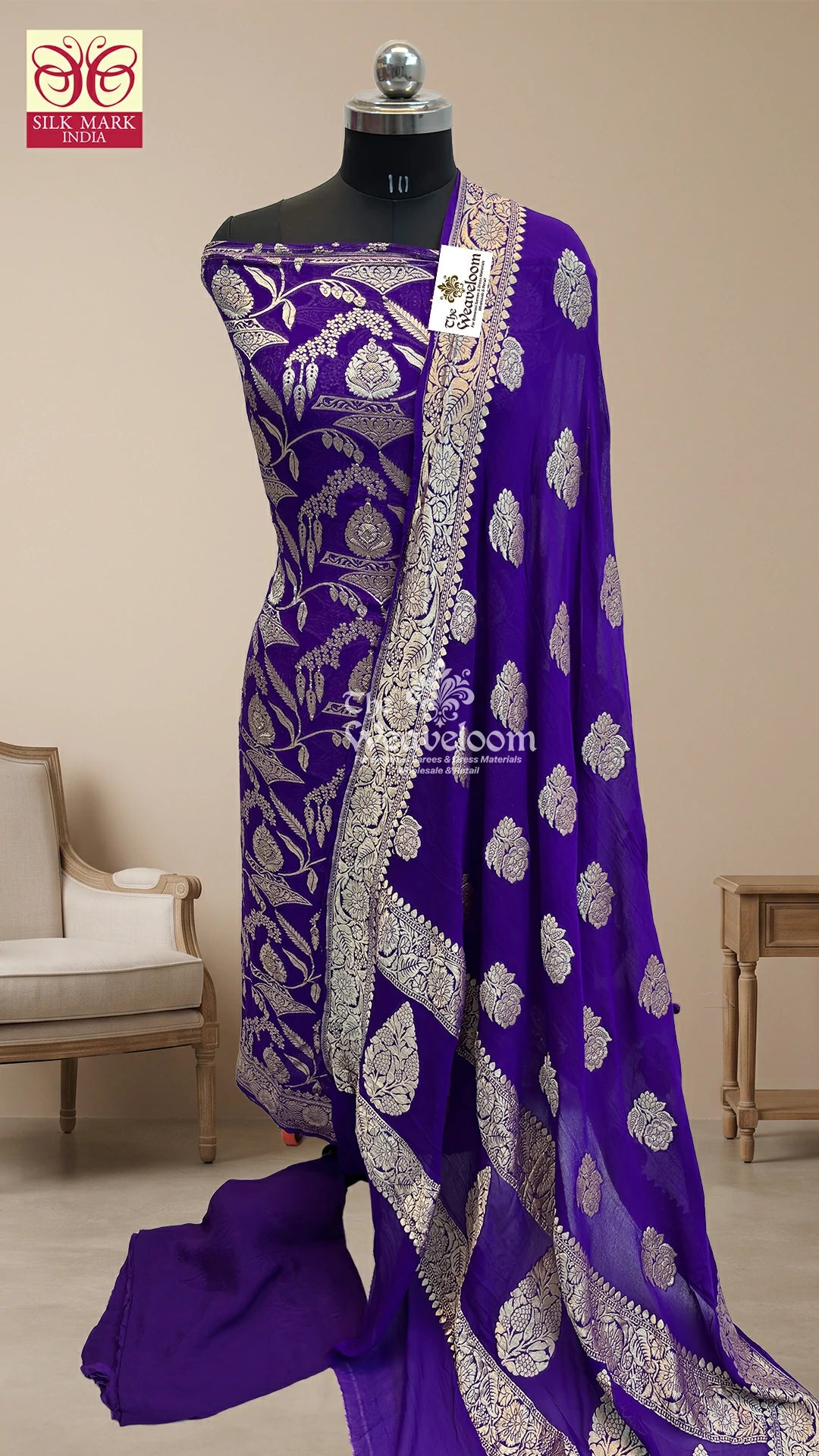 Purple Floral Jaal Pure Khaddi Georgette Banarasi Dress Material by The Weaveloom