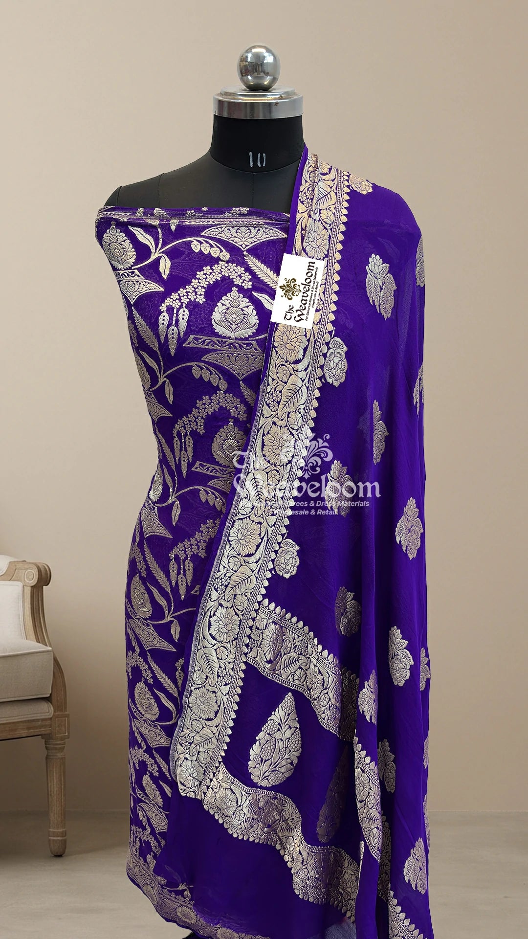 Purple Floral Jaal Pure Khaddi Georgette Banarasi Dress Material by The Weaveloom