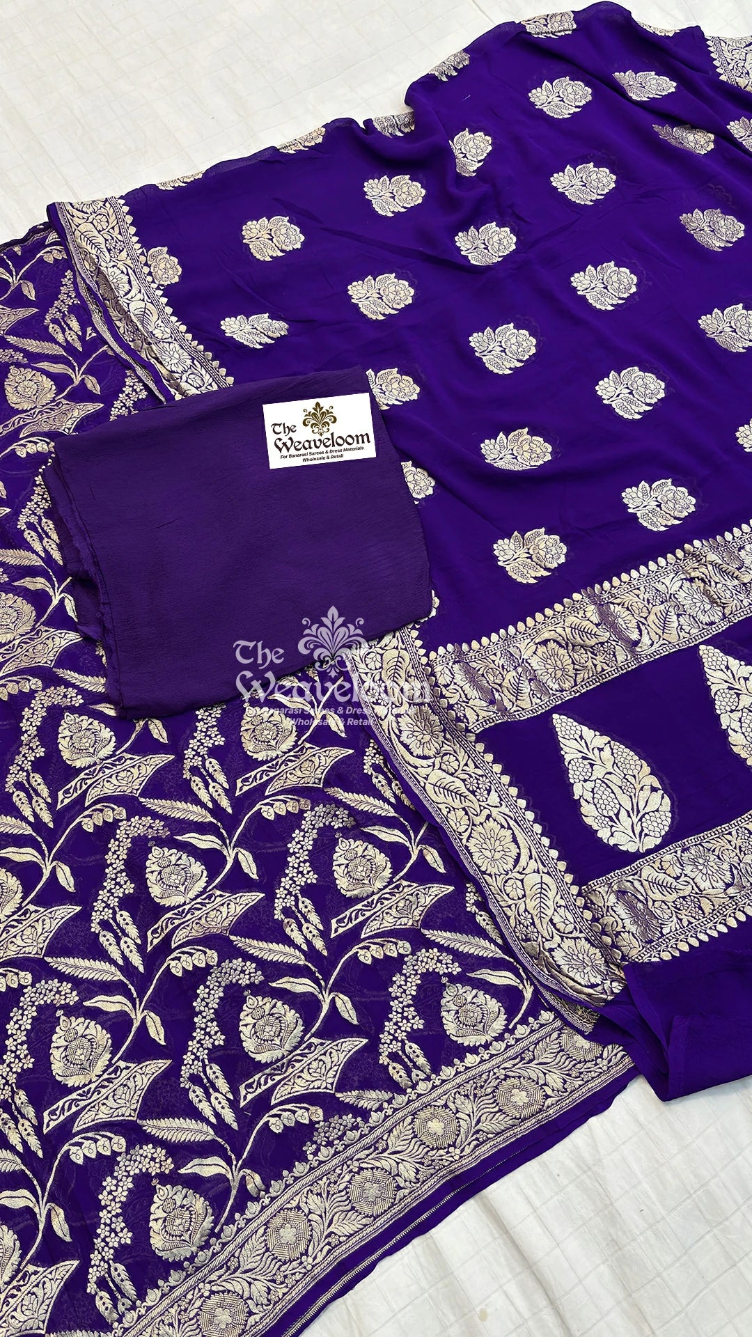 Purple Floral Jaal Pure Khaddi Georgette Banarasi Dress Material by The Weaveloom