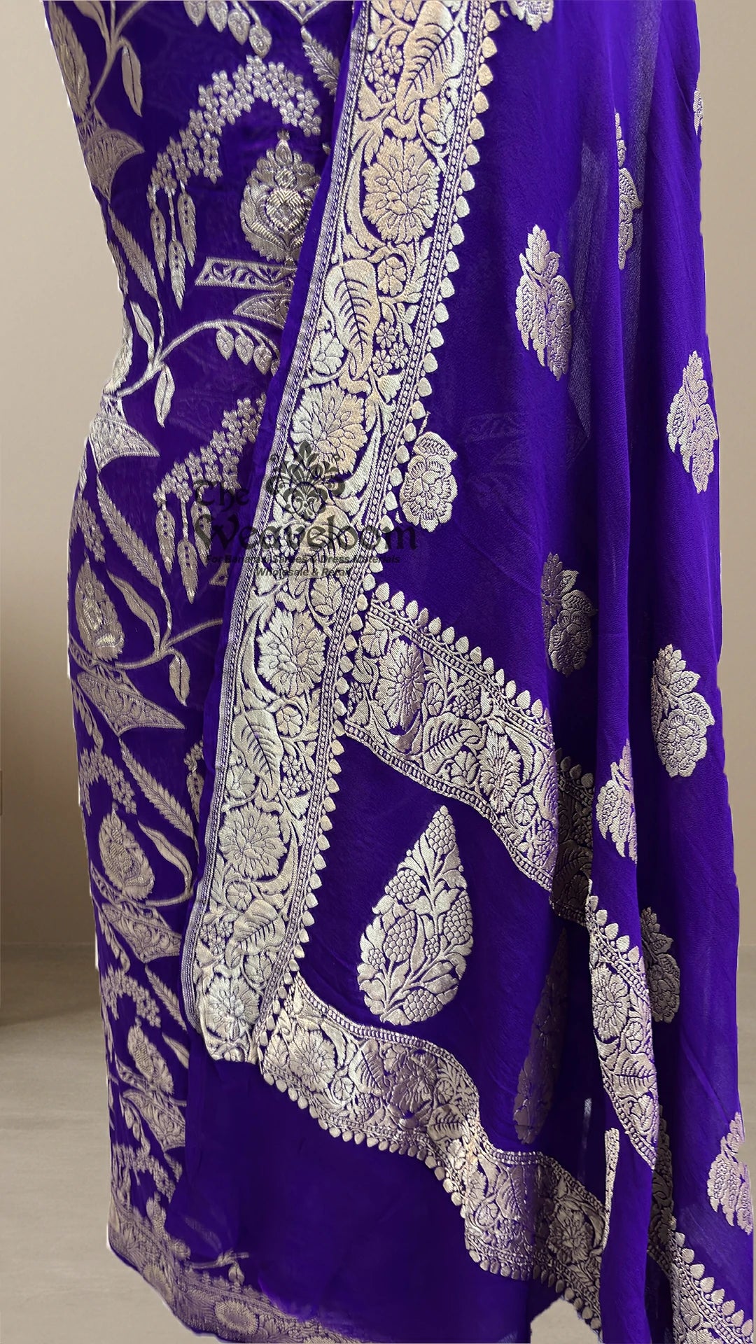 Purple Floral Jaal Pure Khaddi Georgette Banarasi Dress Material by The Weaveloom