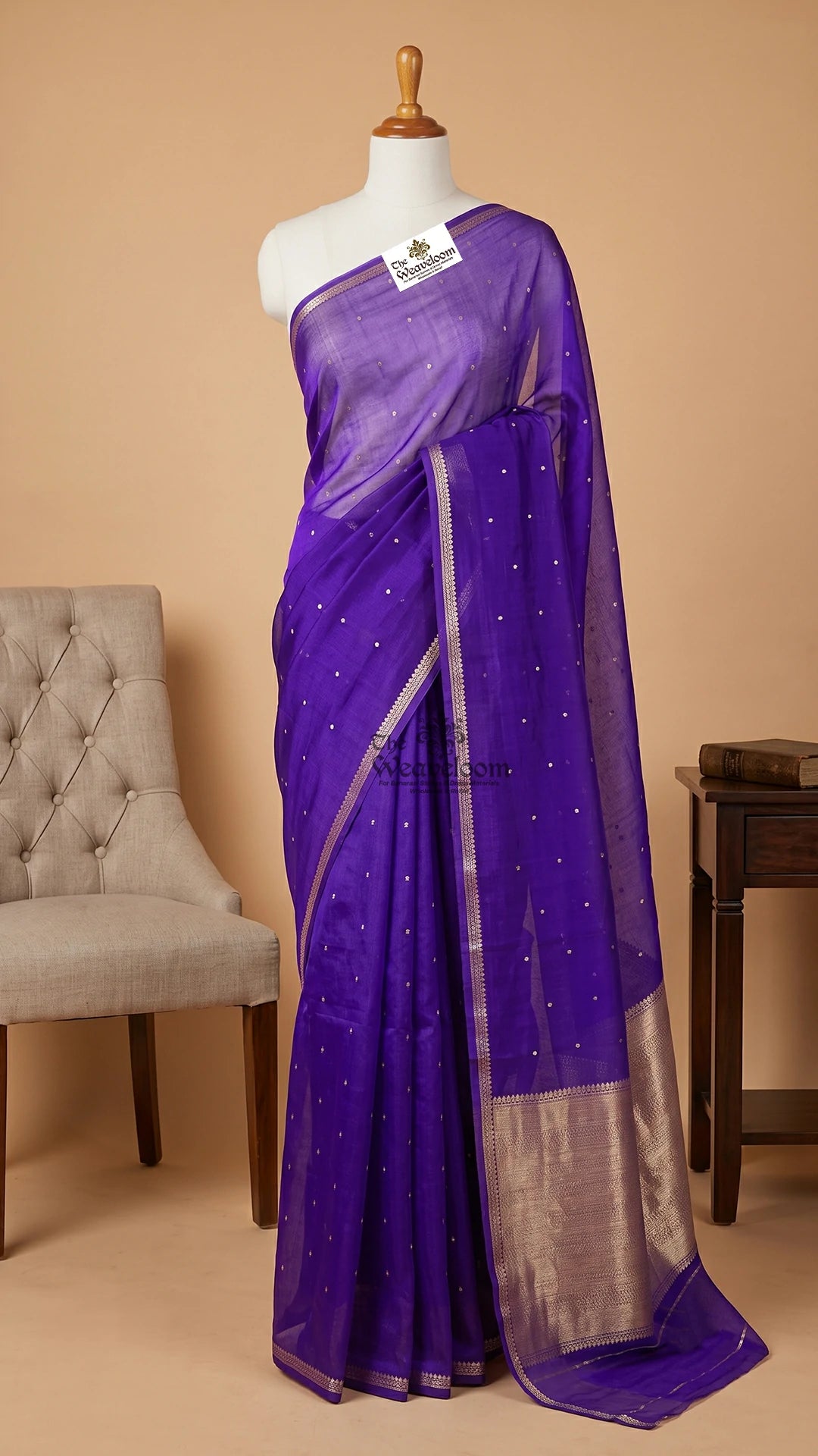 Purple Handloom Kora Silk Banarasi Saree with Silver Buti Motifs by The Weaveloom