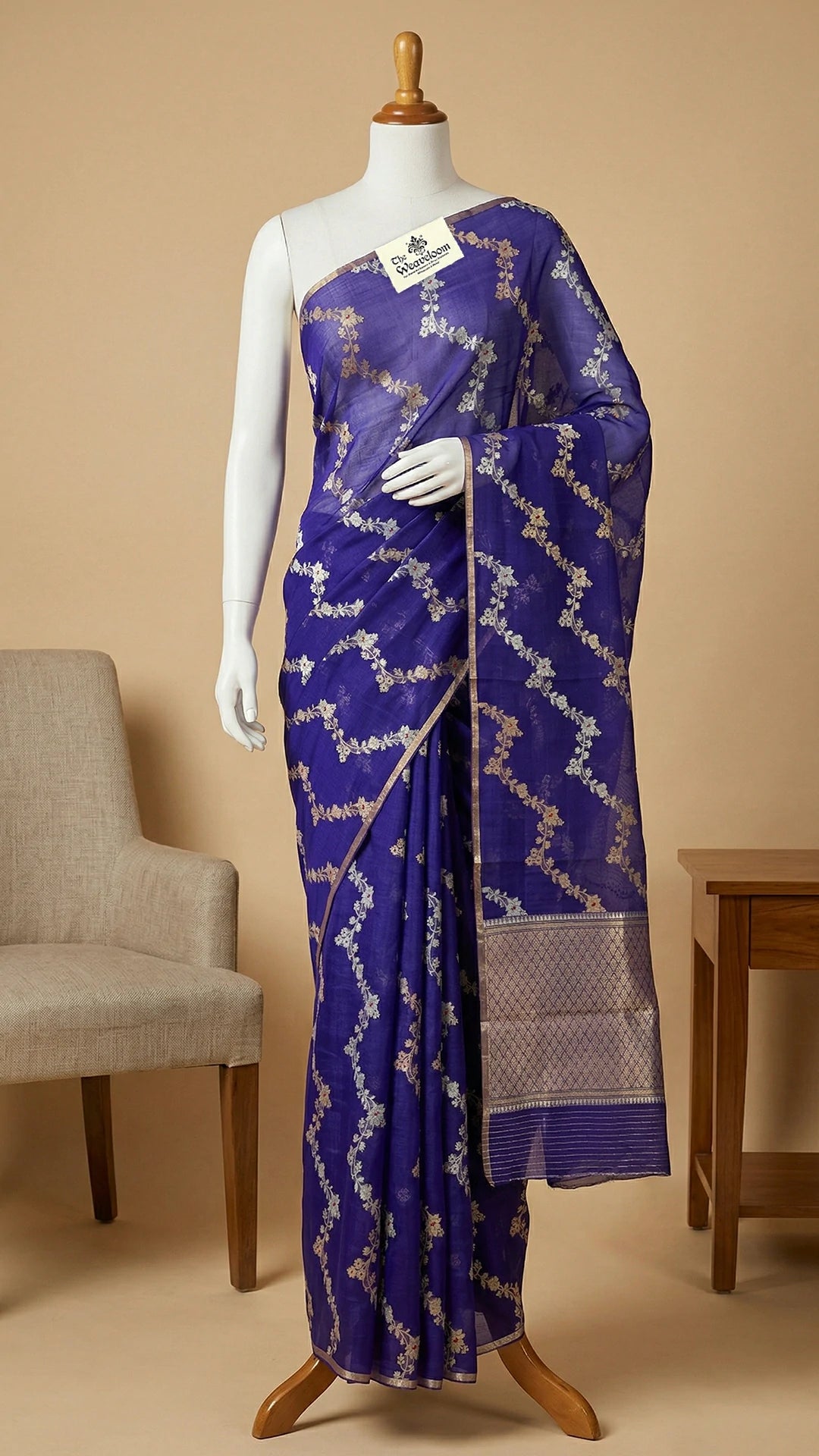 Purple Kora Silk Banarasi Saree with Floral Vine Sona Rupa Zari and Rich Border by The Weaveloom