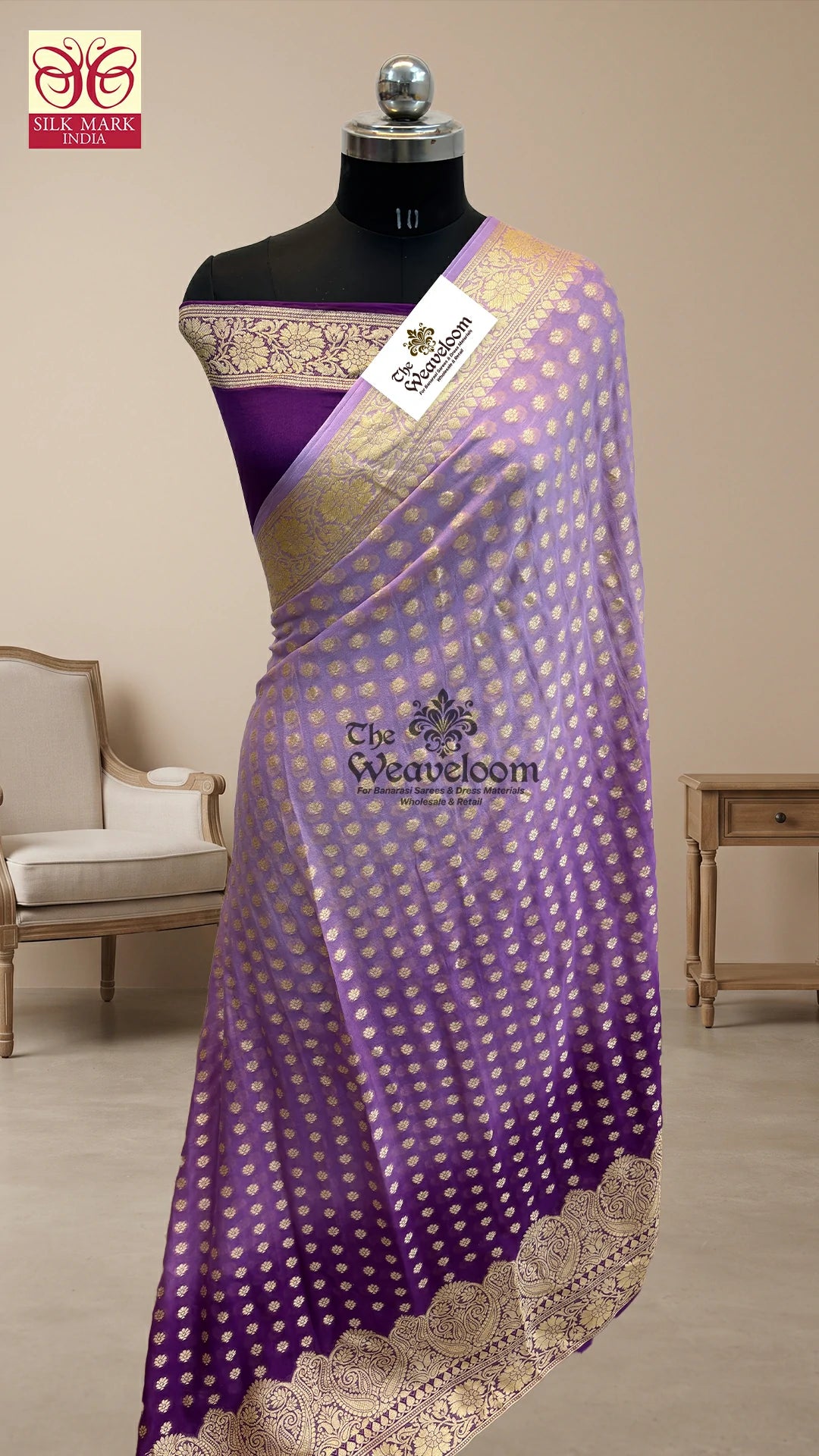 Purple Ombre Dye Floral Booti Pure Crepe Georgette Pure Banarasi Saree by The Weaveloom