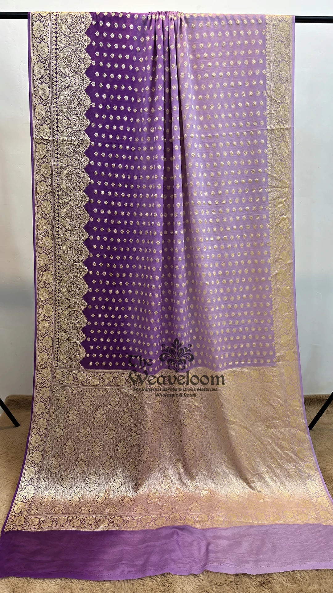 Purple Ombre Dye Floral Booti Pure Crepe Georgette Pure Banarasi Saree by The Weaveloom