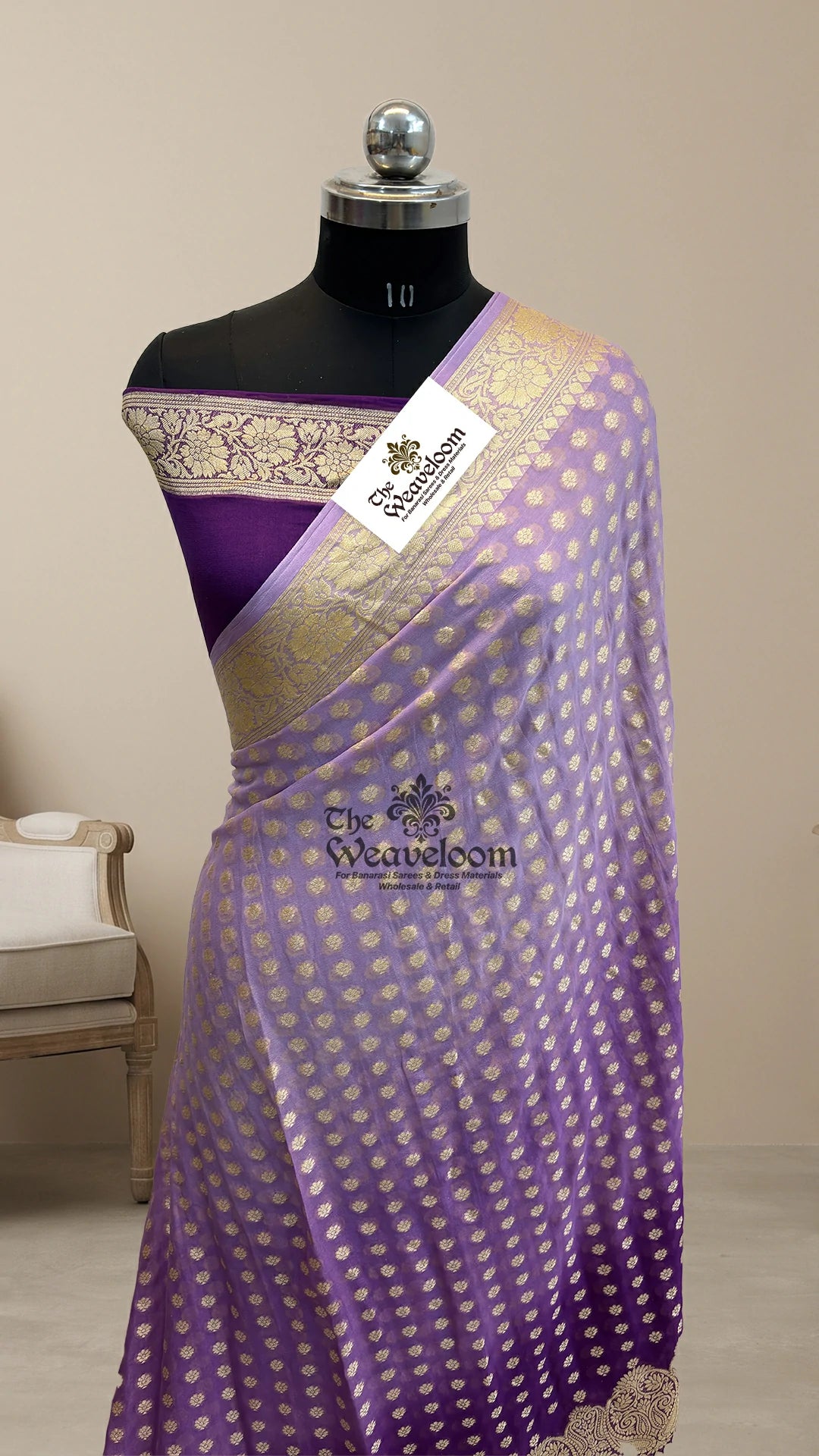 Purple Ombre Dye Floral Booti Pure Crepe Georgette Pure Banarasi Saree by The Weaveloom