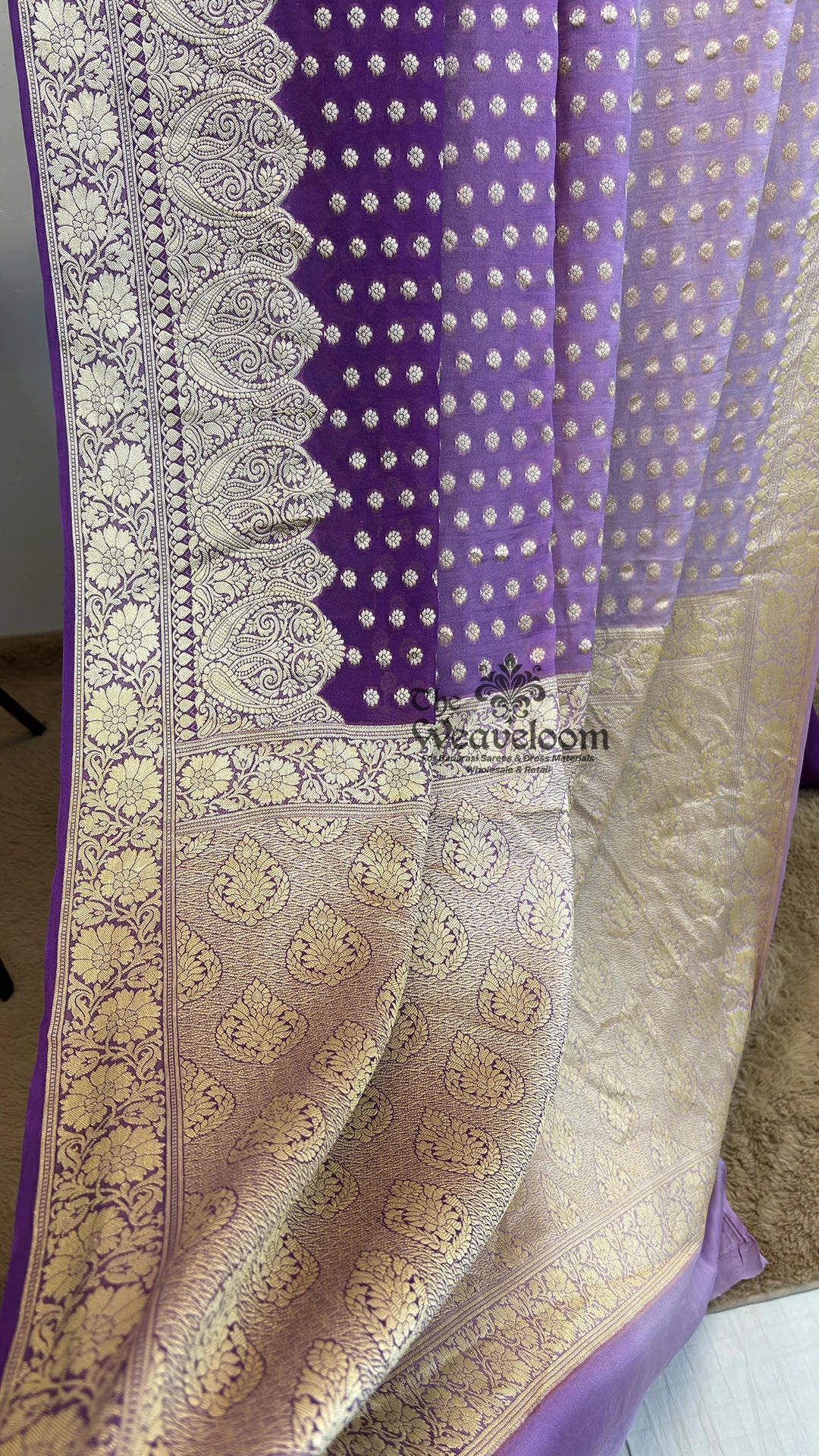 Purple Ombre Dye Floral Booti Pure Crepe Georgette Pure Banarasi Saree by The Weaveloom