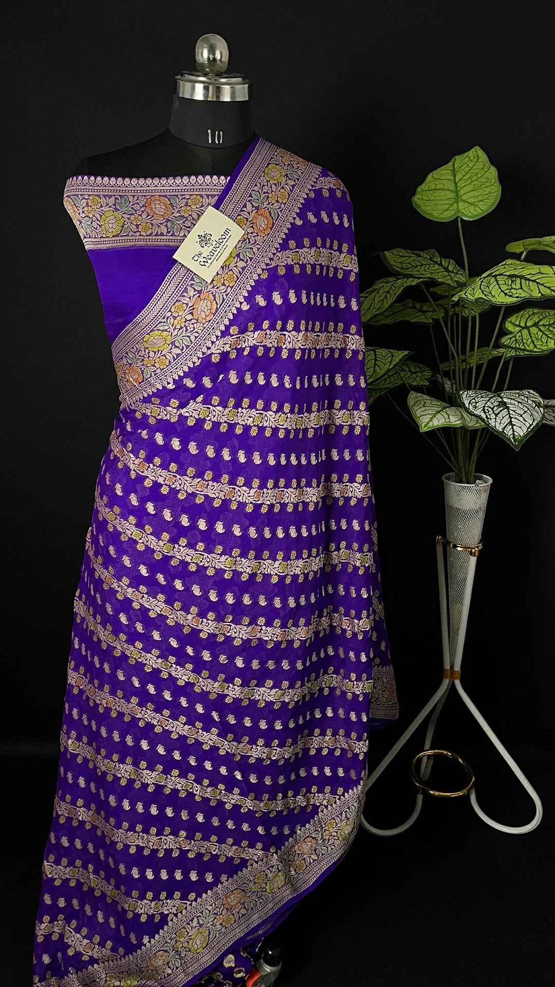 Purple Pure Crepe Georgette Banarasi Saree With Floral Zari Border And All Over Buti Design - The Weaveloom