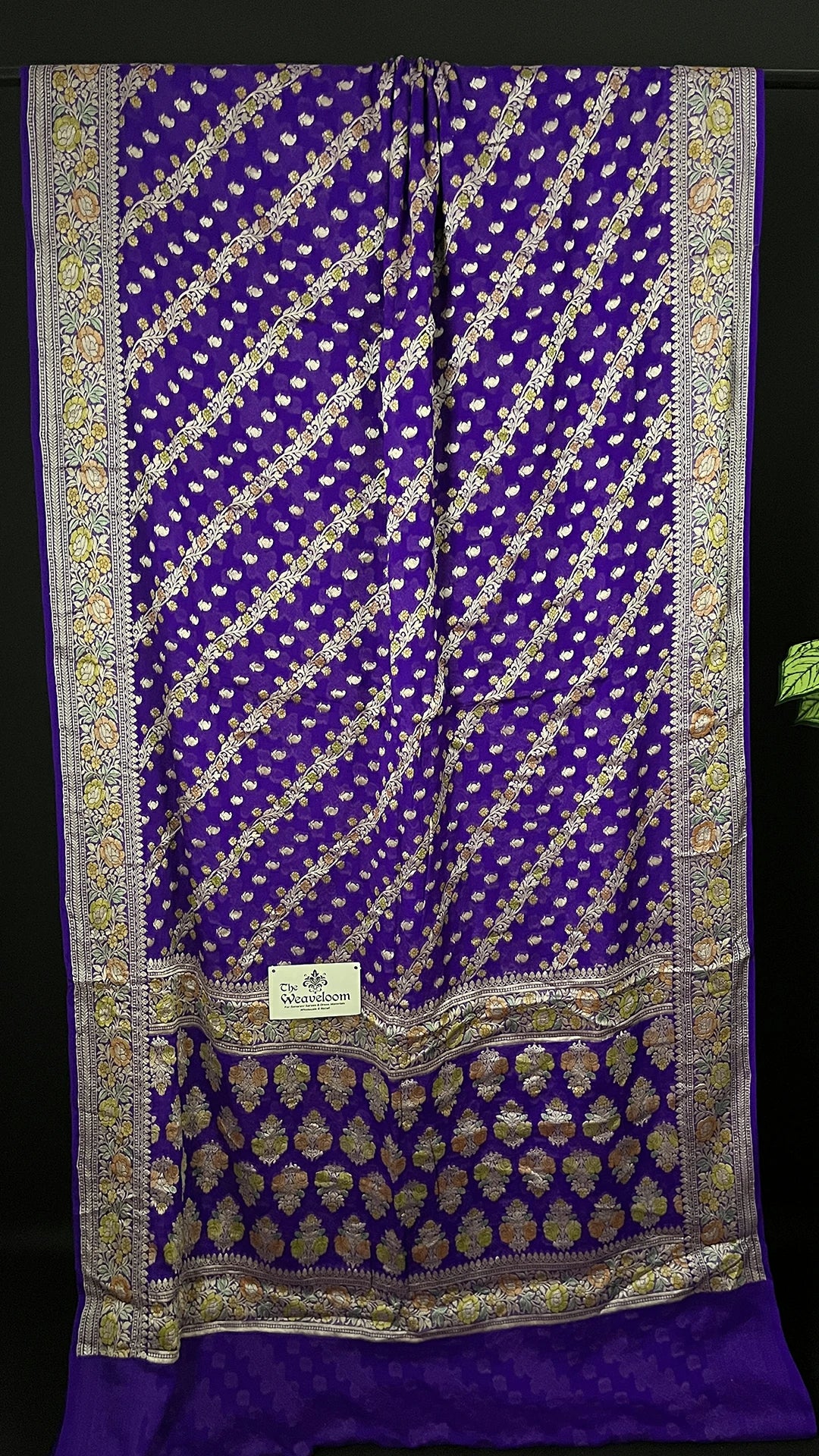 Purple Pure Crepe Georgette Banarasi Saree With Floral Zari Border And All Over Buti Design - The Weaveloom