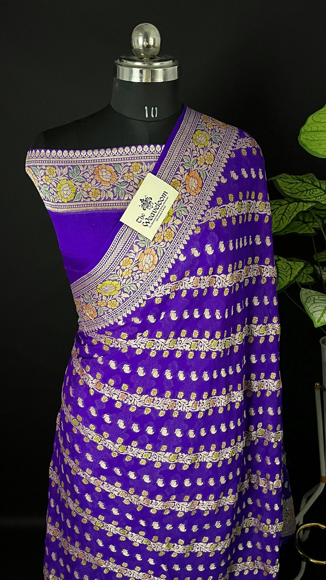 Purple Pure Crepe Georgette Banarasi Saree With Floral Zari Border And All Over Buti Design - The Weaveloom