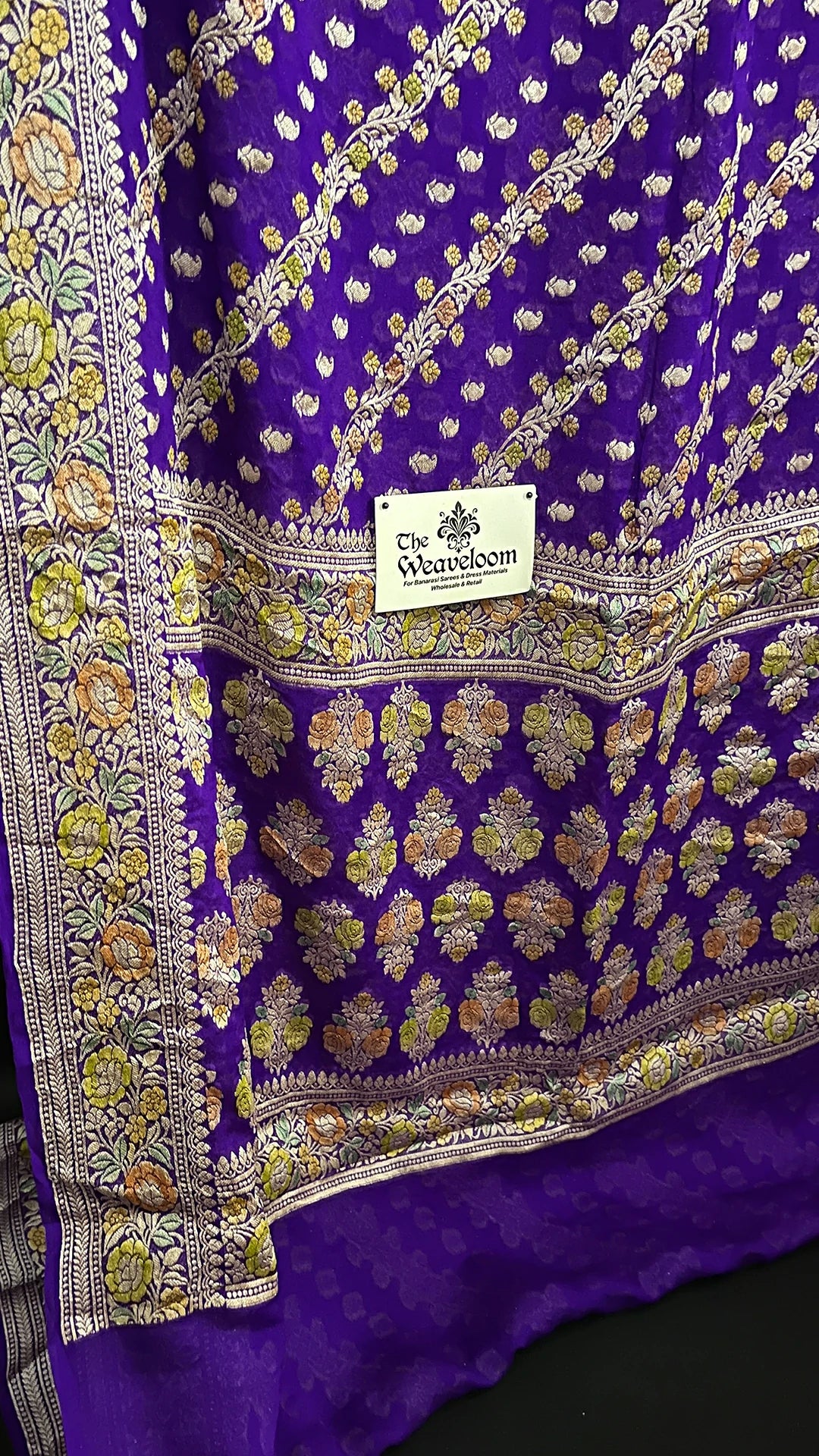 Purple Pure Crepe Georgette Banarasi Saree With Floral Zari Border And All Over Buti Design - The Weaveloom