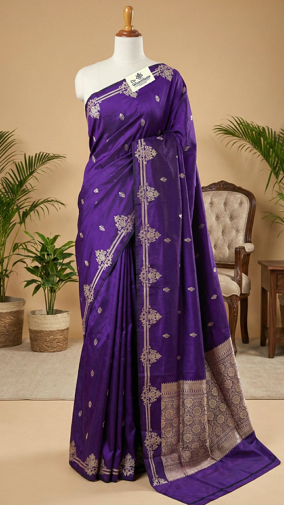 Purple - Pure Katan Silk Handwoven (Kadwa) Banarasi Saree — Gold Zari Floral Border