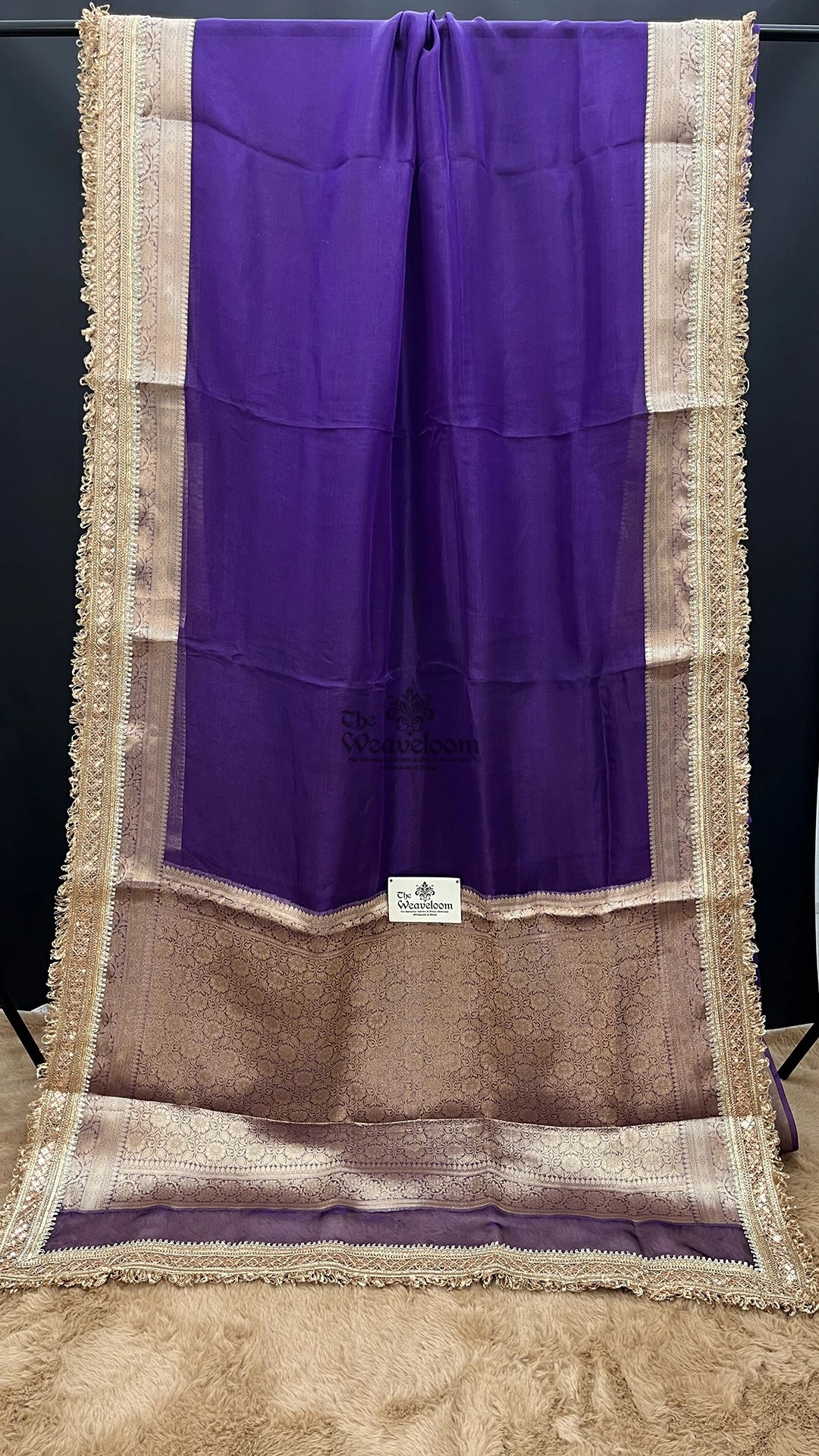 Purple tissue silk pure Banarasi saree with brocade pallu and sequin lace border by The Weaveloom