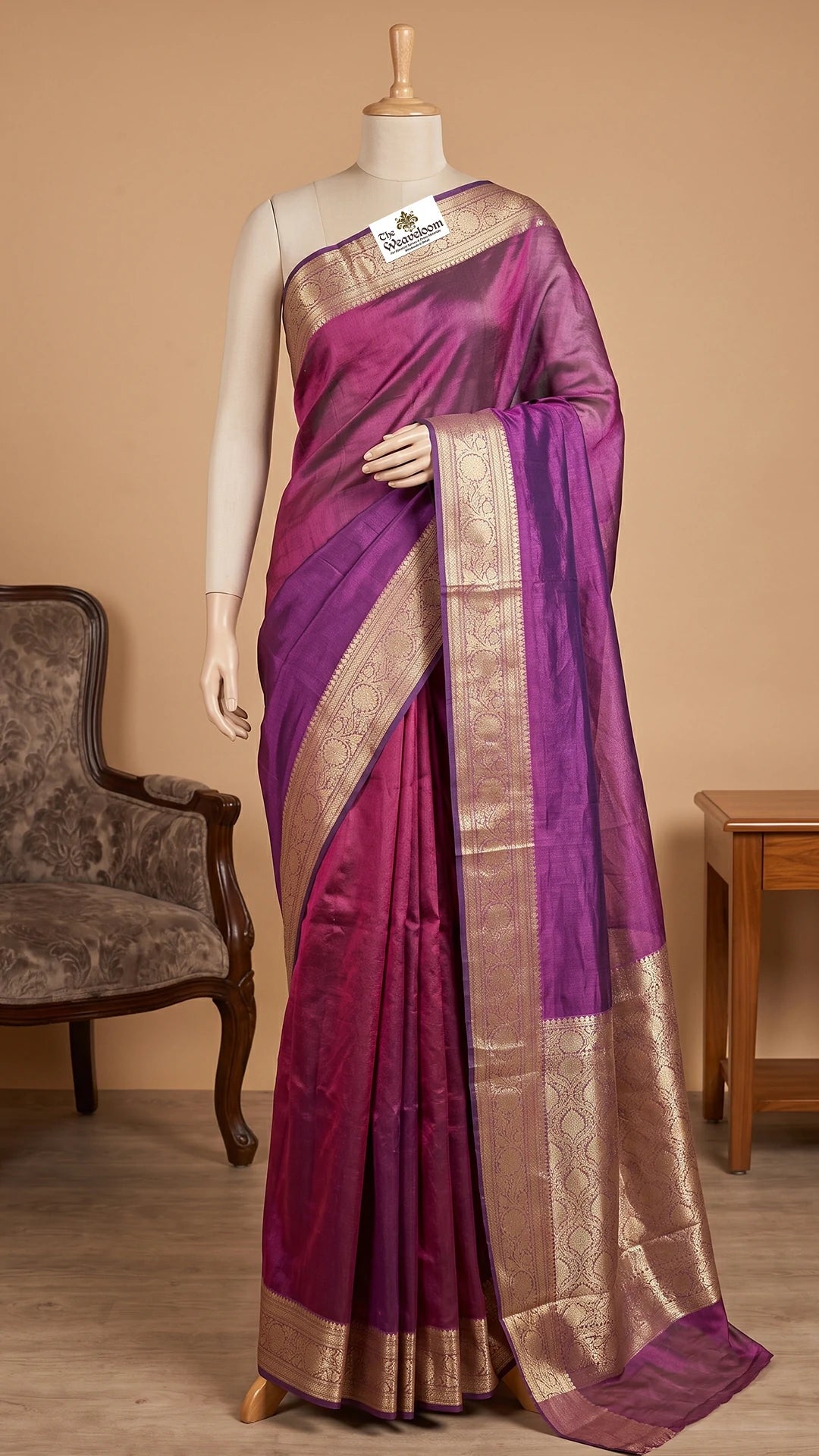 Purple violet dual tone floral zari pallu tissue silk Banarasi saree by The Weaveloom