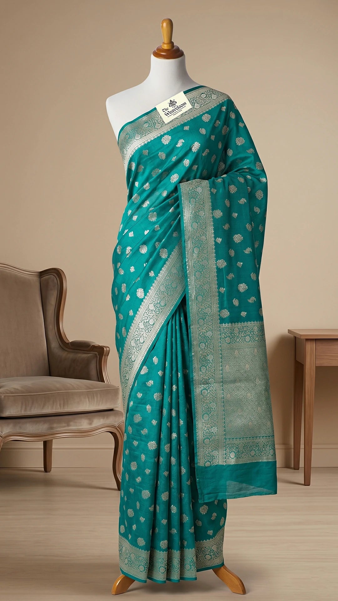 Rama Green Floral Buta Chiniya Silk Pure Banarasi Saree with Sona Rupa Zari Border The Weaveloom