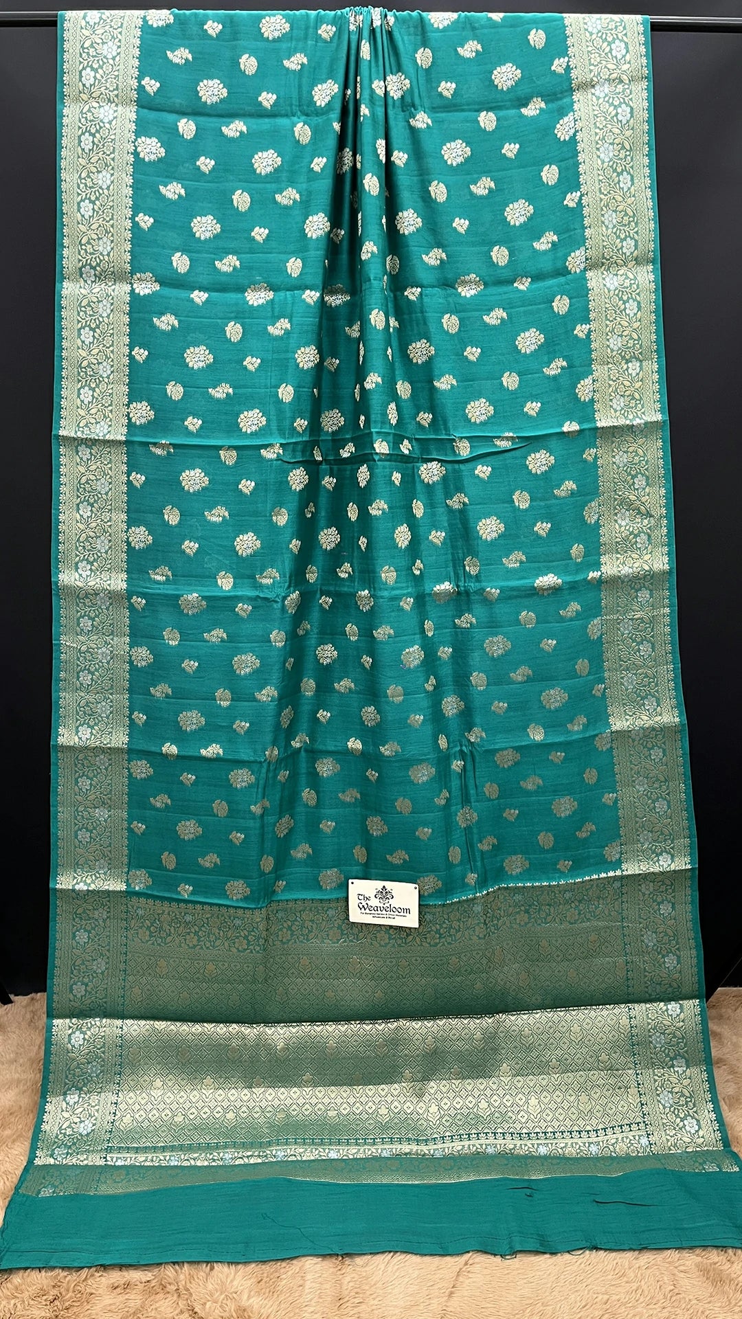 Rama Green Floral Buta Chiniya Silk Pure Banarasi Saree with Sona Rupa Zari Border The Weaveloom