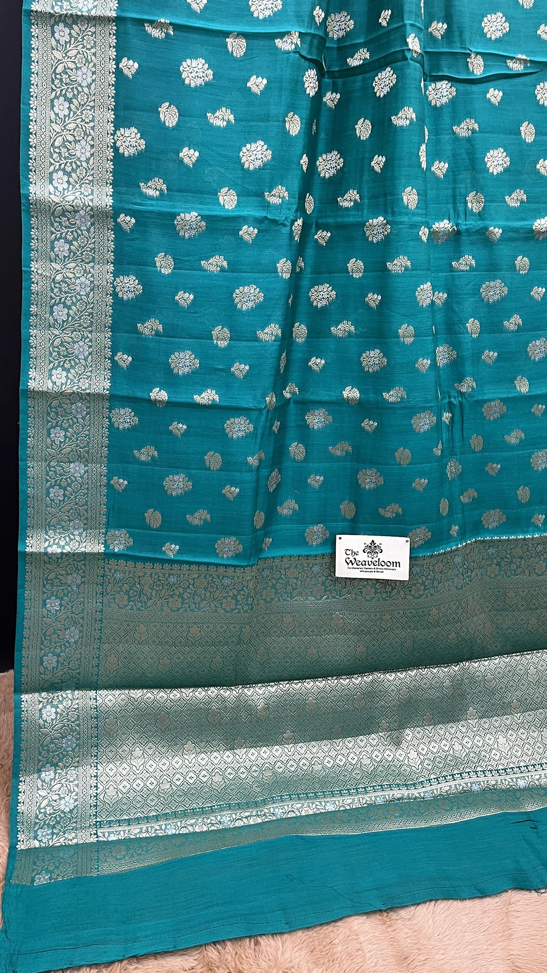 Rama Green Floral Buta Chiniya Silk Pure Banarasi Saree with Sona Rupa Zari Border The Weaveloom
