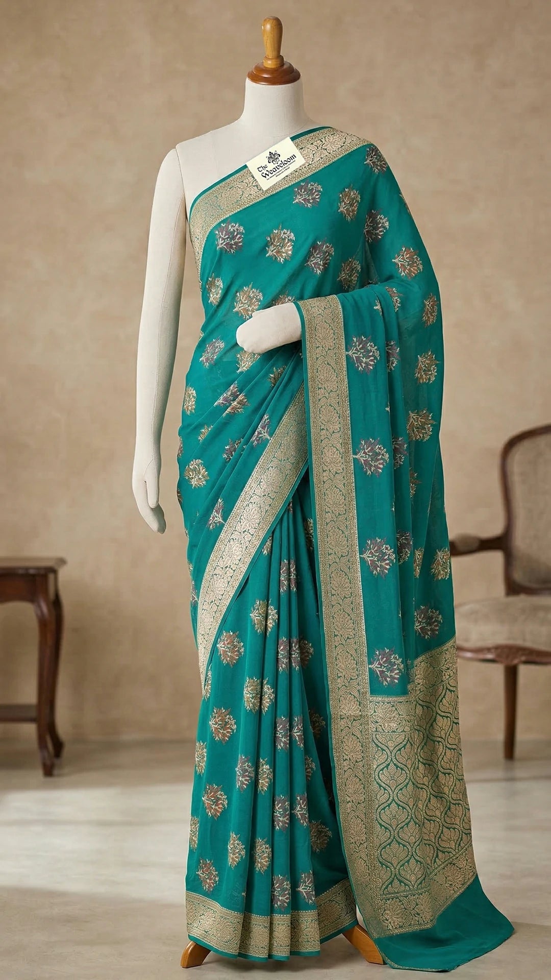 Rama Green Floral Meenakari Crepe Georgette Pure Banarasi Saree with Golden Zari Border The Weaveloom