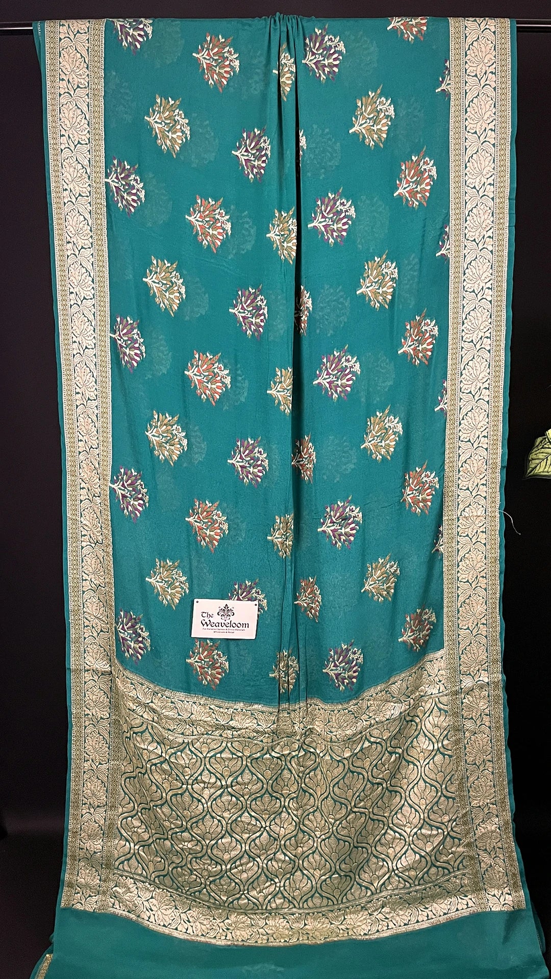 Rama Green Floral Meenakari Crepe Georgette Pure Banarasi Saree with Golden Zari Border The Weaveloom