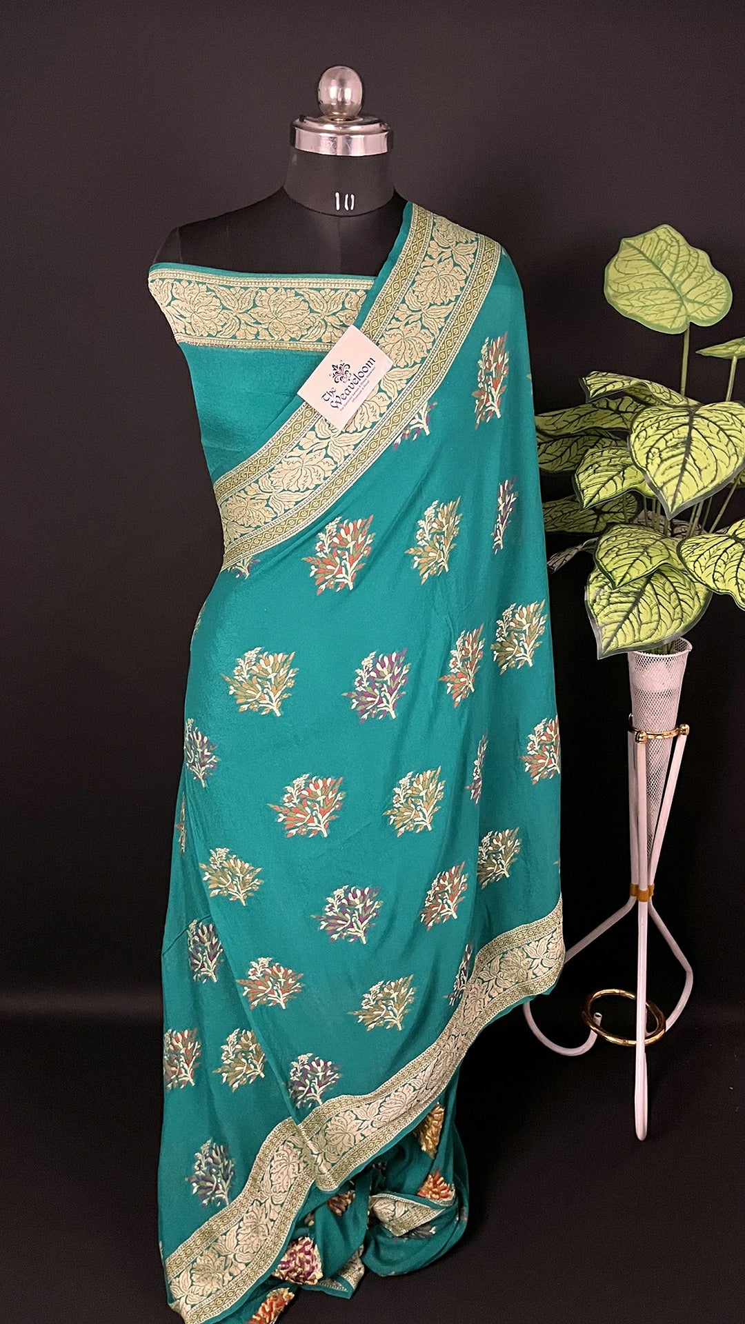Rama Green Floral Meenakari Crepe Georgette Pure Banarasi Saree with Golden Zari Border The Weaveloom