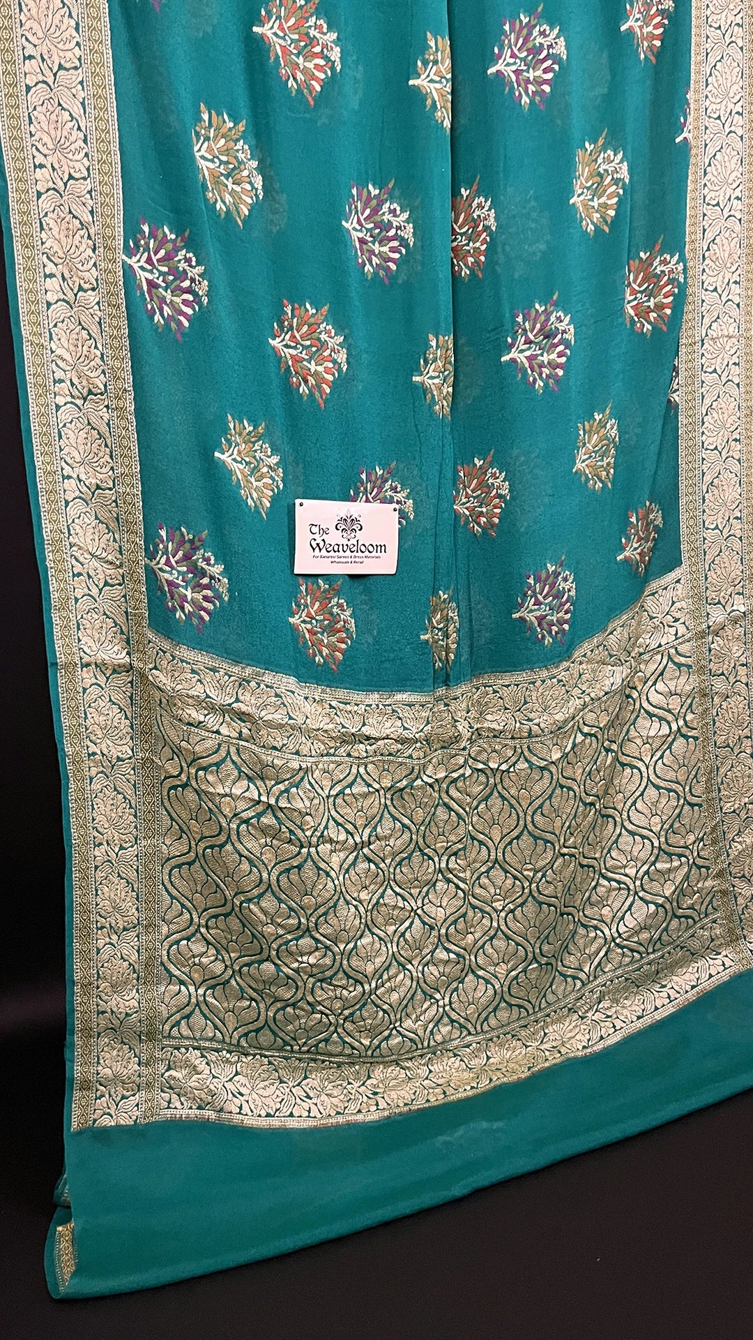 Rama Green Floral Meenakari Crepe Georgette Pure Banarasi Saree with Golden Zari Border The Weaveloom