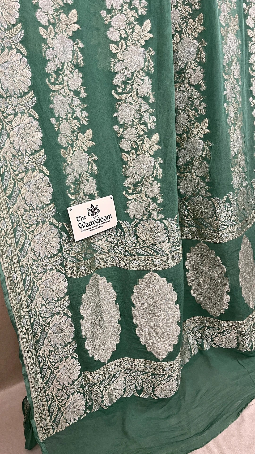 Rama Green Khaddi Georgette Banarasi Saree with Sona Rupa Water Zari Floral Jaal and Border from The Weaveloom