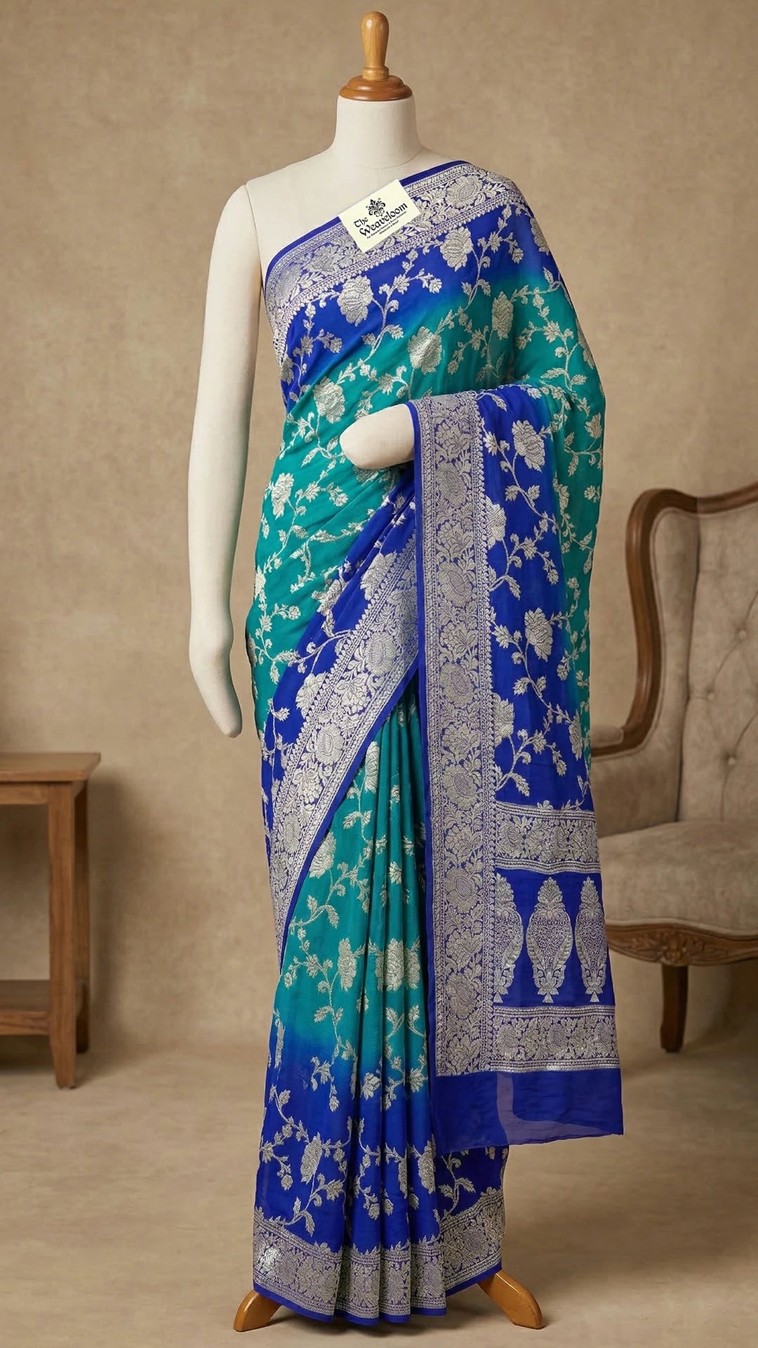 Rama Green Royal Blue Dual Tone Pure Banarasi Saree Golden Zari Jaal Work The Weaveloom