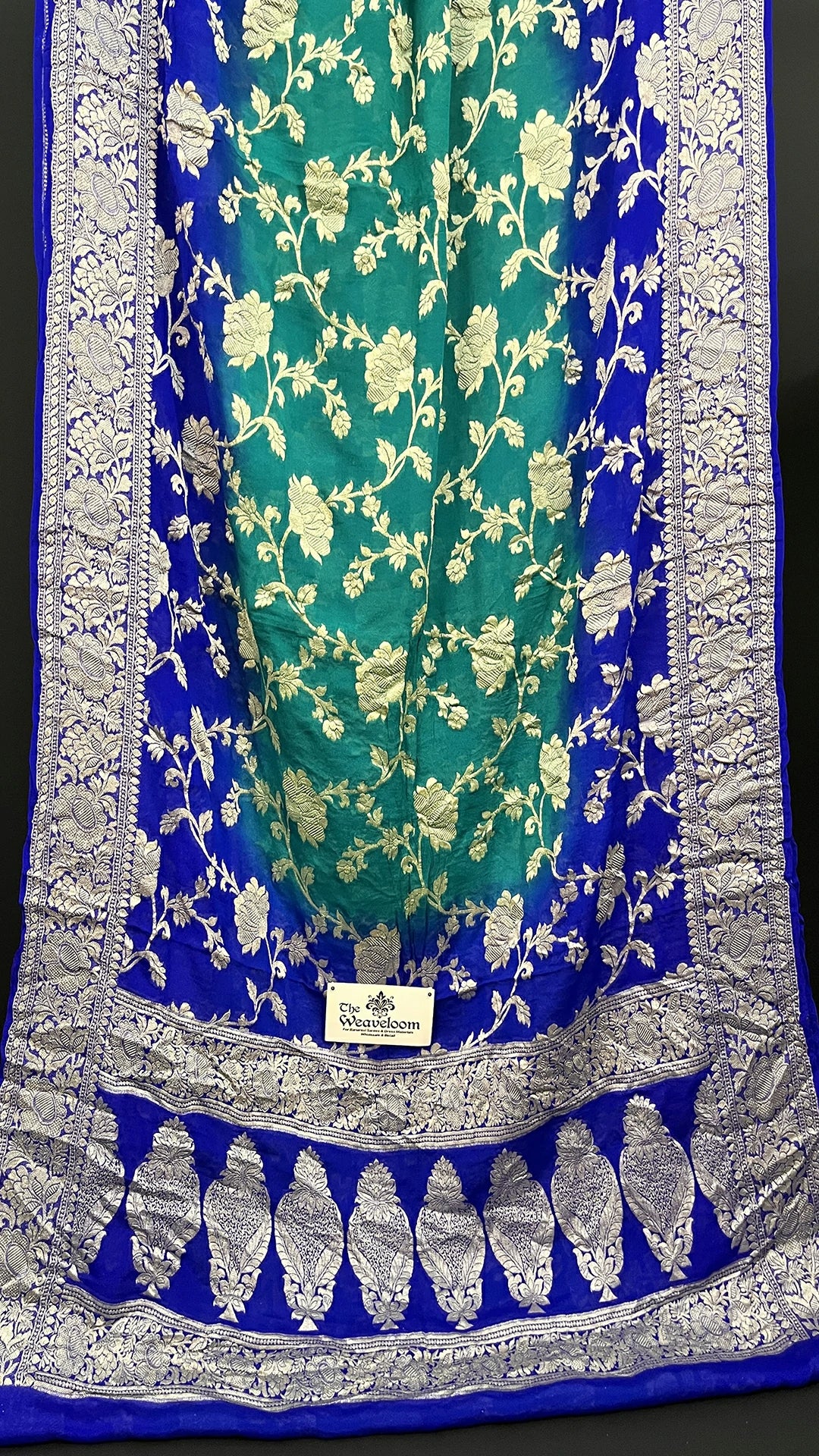 Rama Green Royal Blue Dual Tone Pure Banarasi Saree Golden Zari Jaal Work The Weaveloom