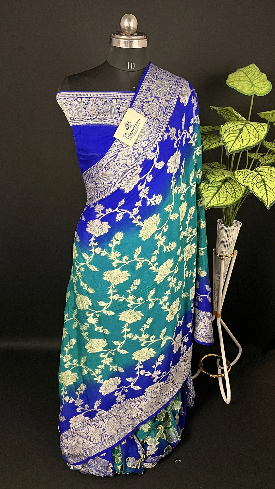 Rama Green Royal Blue Dual Tone Pure Banarasi Saree Golden Zari Jaal Work The Weaveloom
