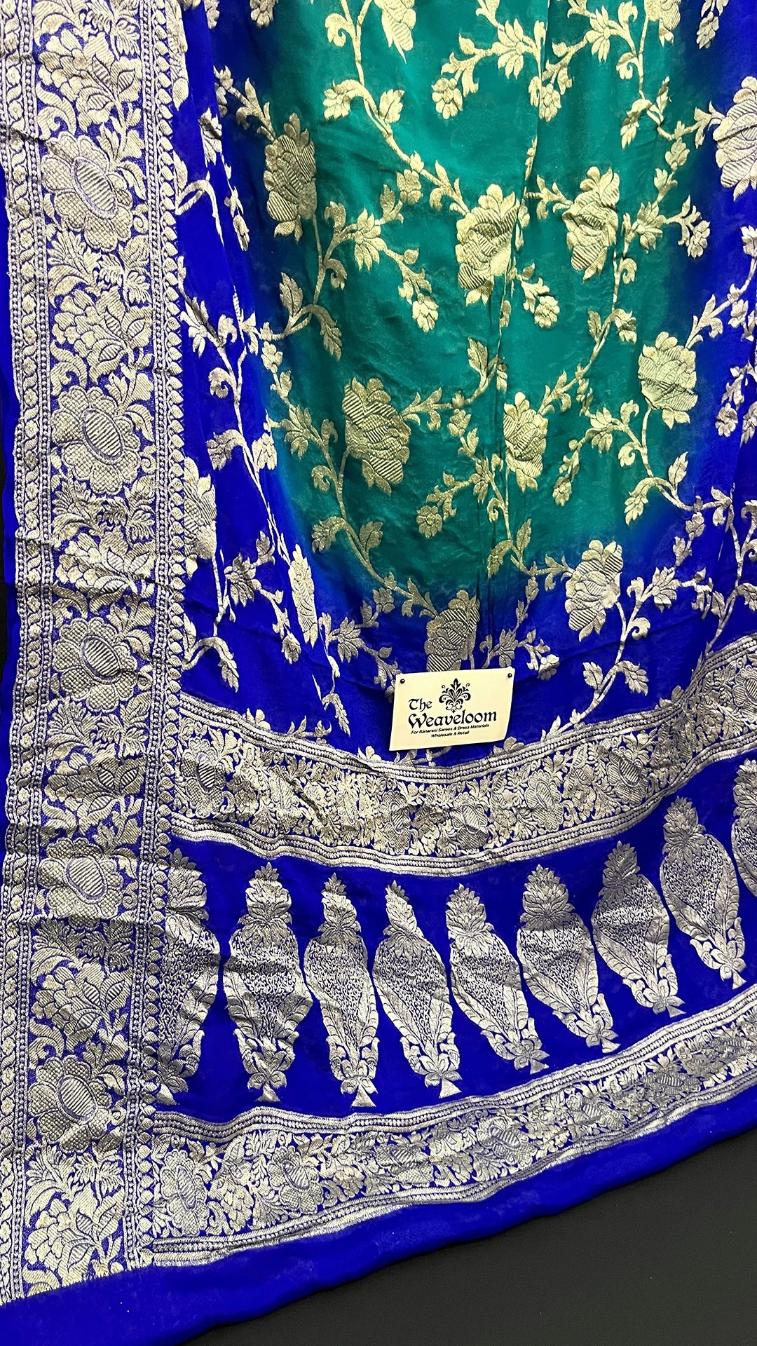 Rama Green Royal Blue Dual Tone Pure Banarasi Saree Golden Zari Jaal Work The Weaveloom