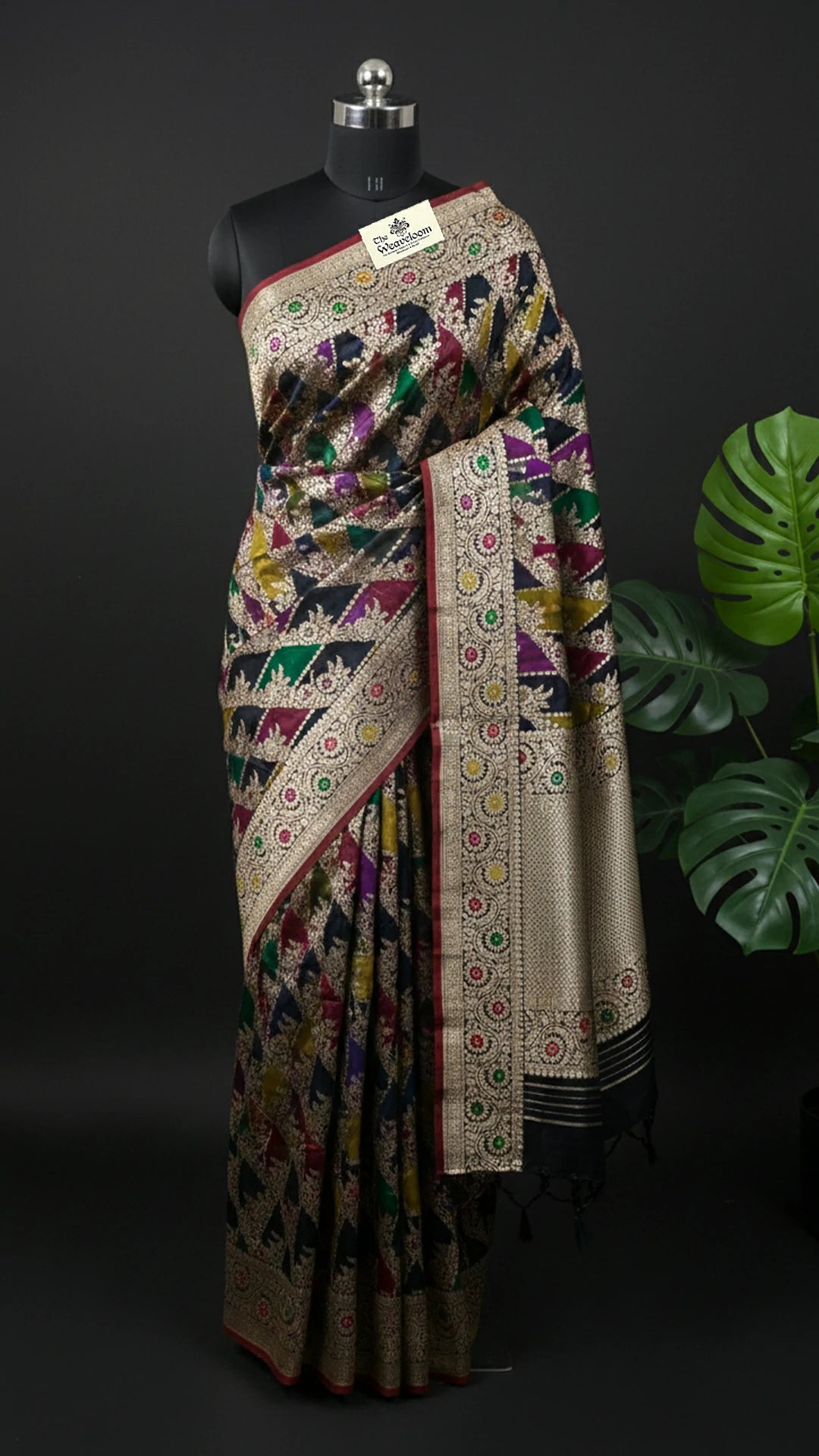 Rangkat Multicolor Diagonal Pattern Pure Katan Silk Banarasi Saree with Meenakari by The Weaveloom