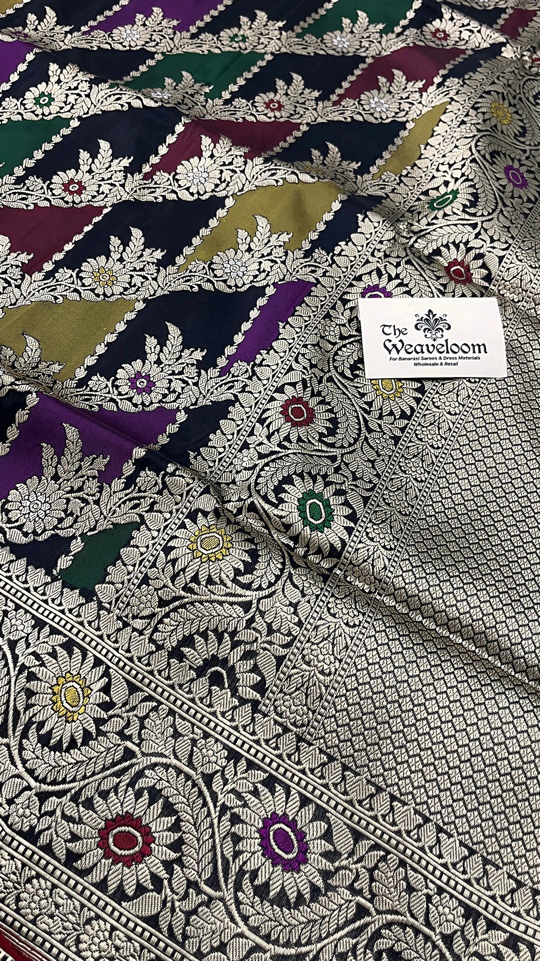 Rangkat Multicolor Diagonal Pattern Pure Katan Silk Banarasi Saree with Meenakari by The Weaveloom