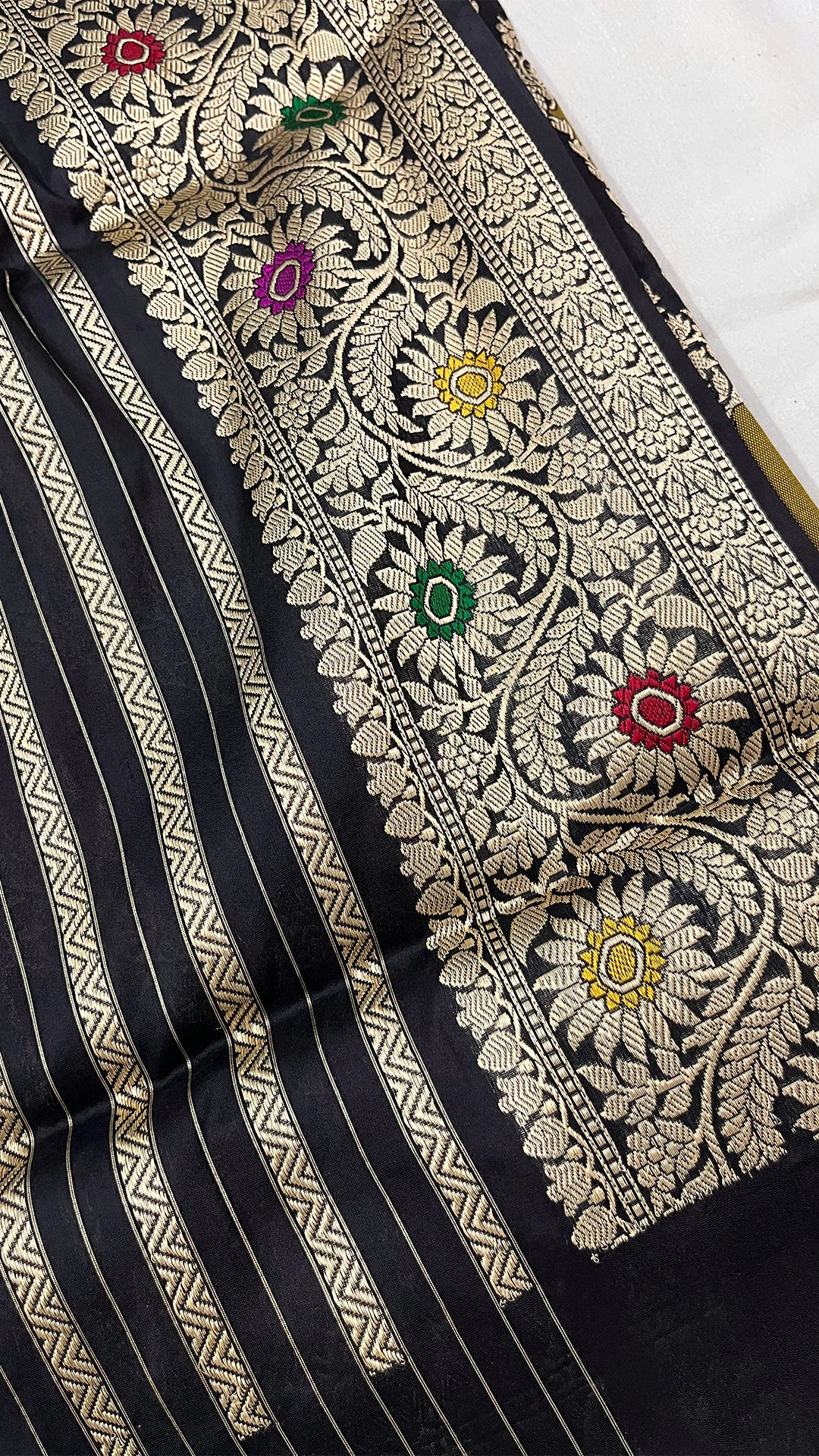 Rangkat Multicolor Diagonal Pattern Pure Katan Silk Banarasi Saree with Meenakari by The Weaveloom